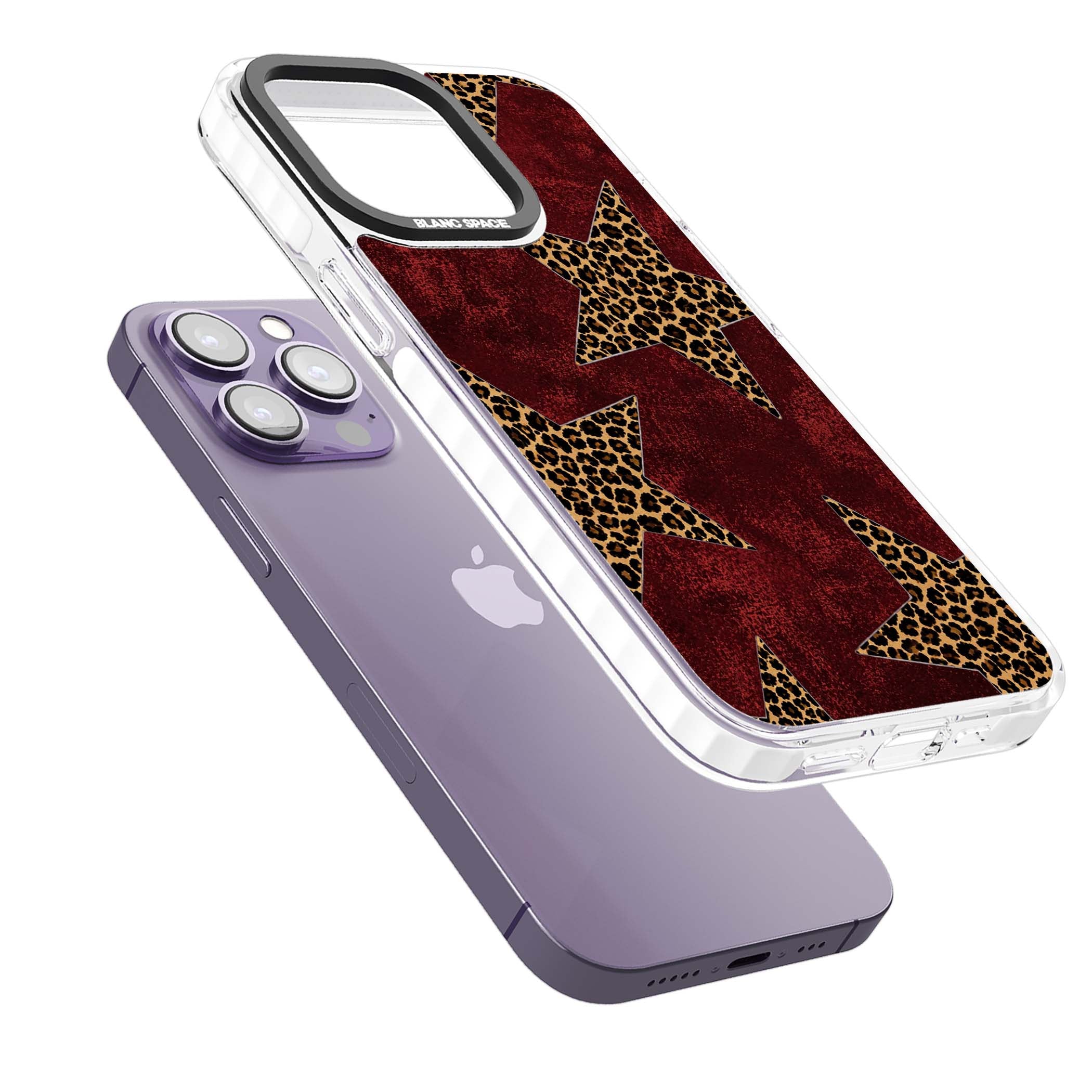 Showgirl leopard print iPhone case featuring cheetah print stars on distressed red grunge background | Impact Magsafe case for iPhone 13 Pro, iPhone 14 Pro, iPhone 15 Pro