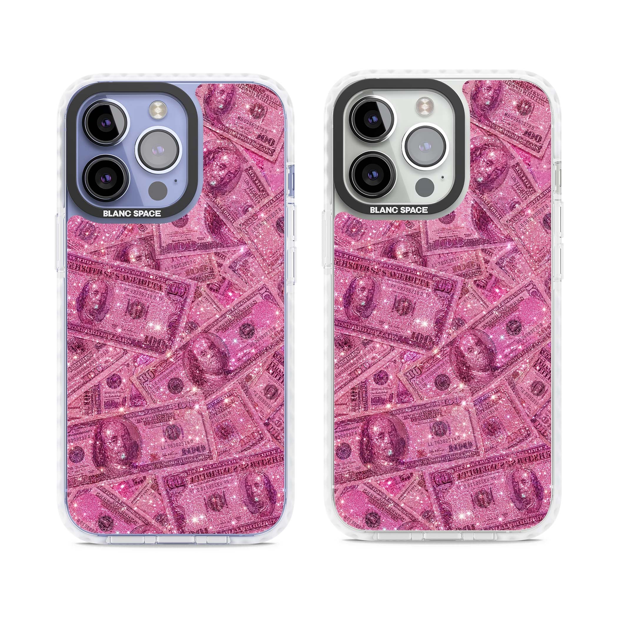 Glamorous baddie iPhone case featuring pink glitter hundred dollar bills and sparkling money wallpaper design | Impact Magsafe case for iPhone 13 Pro, iPhone 14 Pro, iPhone 15 Pro