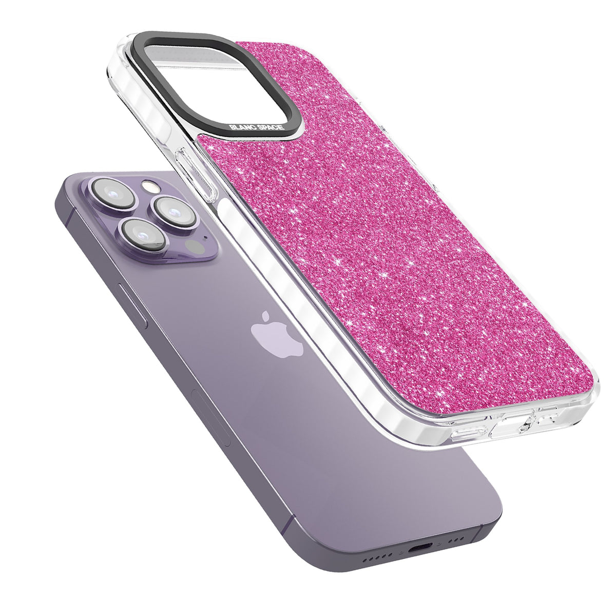 Pink Glitter iPhone 13 Pro / iPhone 13 Pro Max / iPhone 14 Pro / iPhone 14 Pro Max / iPhone 15 Pro / iPhone 15 Pro Max Impact Pro Clear Phone Case angled