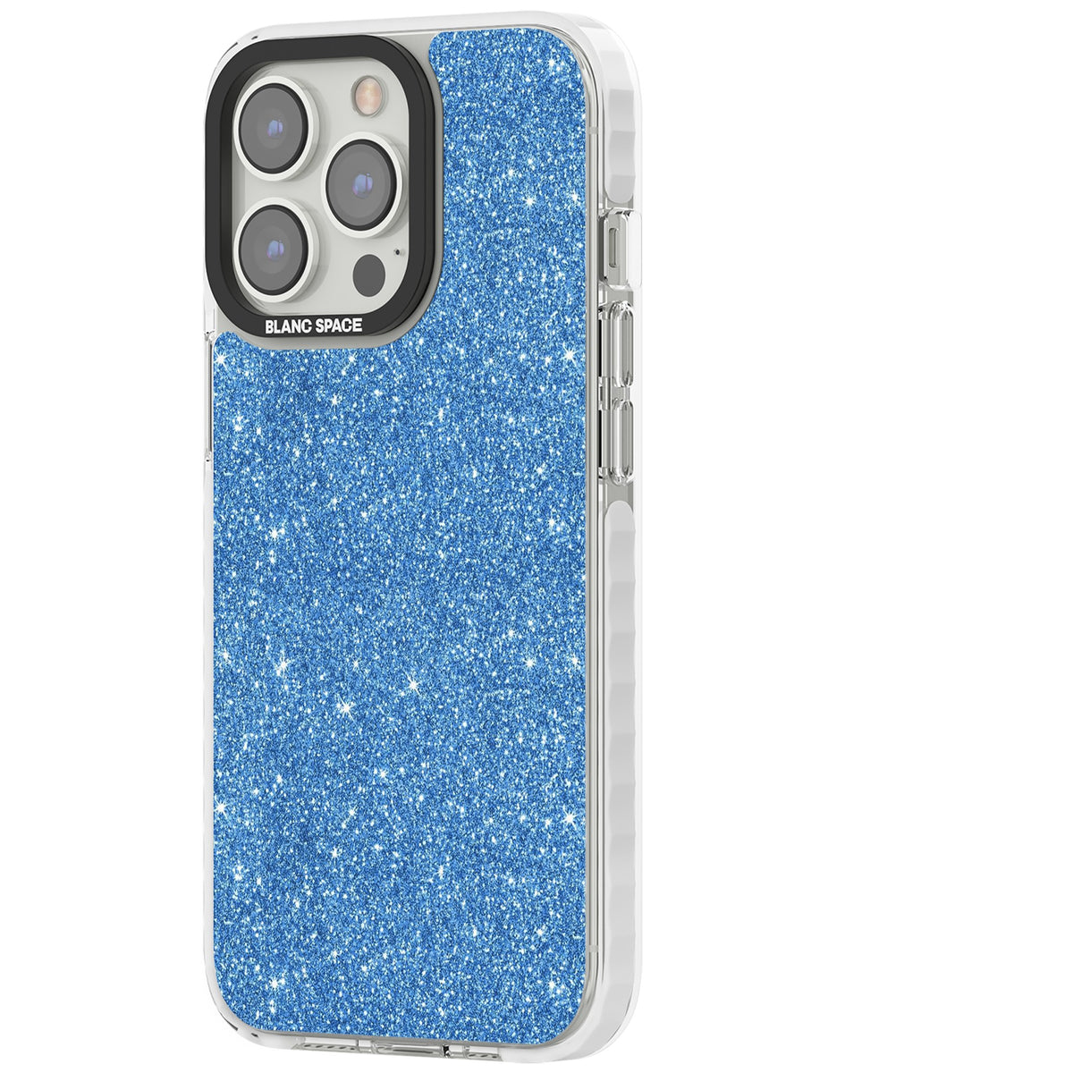 Blue Glitter iPhone 13 Pro / iPhone 13 Pro Max / iPhone 14 Pro / iPhone 14 Pro Max / iPhone 15 Pro / iPhone 15 Pro Max Impact Pro Clear Phone Case side