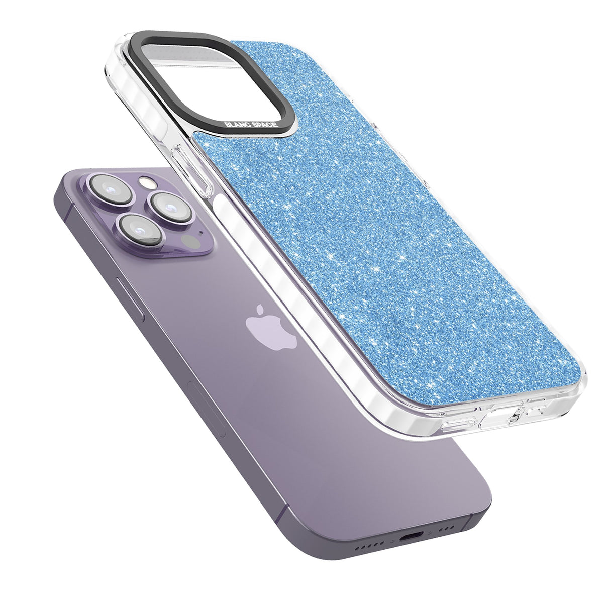 Blue Glitter iPhone 13 Pro / iPhone 13 Pro Max / iPhone 14 Pro / iPhone 14 Pro Max / iPhone 15 Pro / iPhone 15 Pro Max Impact Pro Clear Phone Case angled