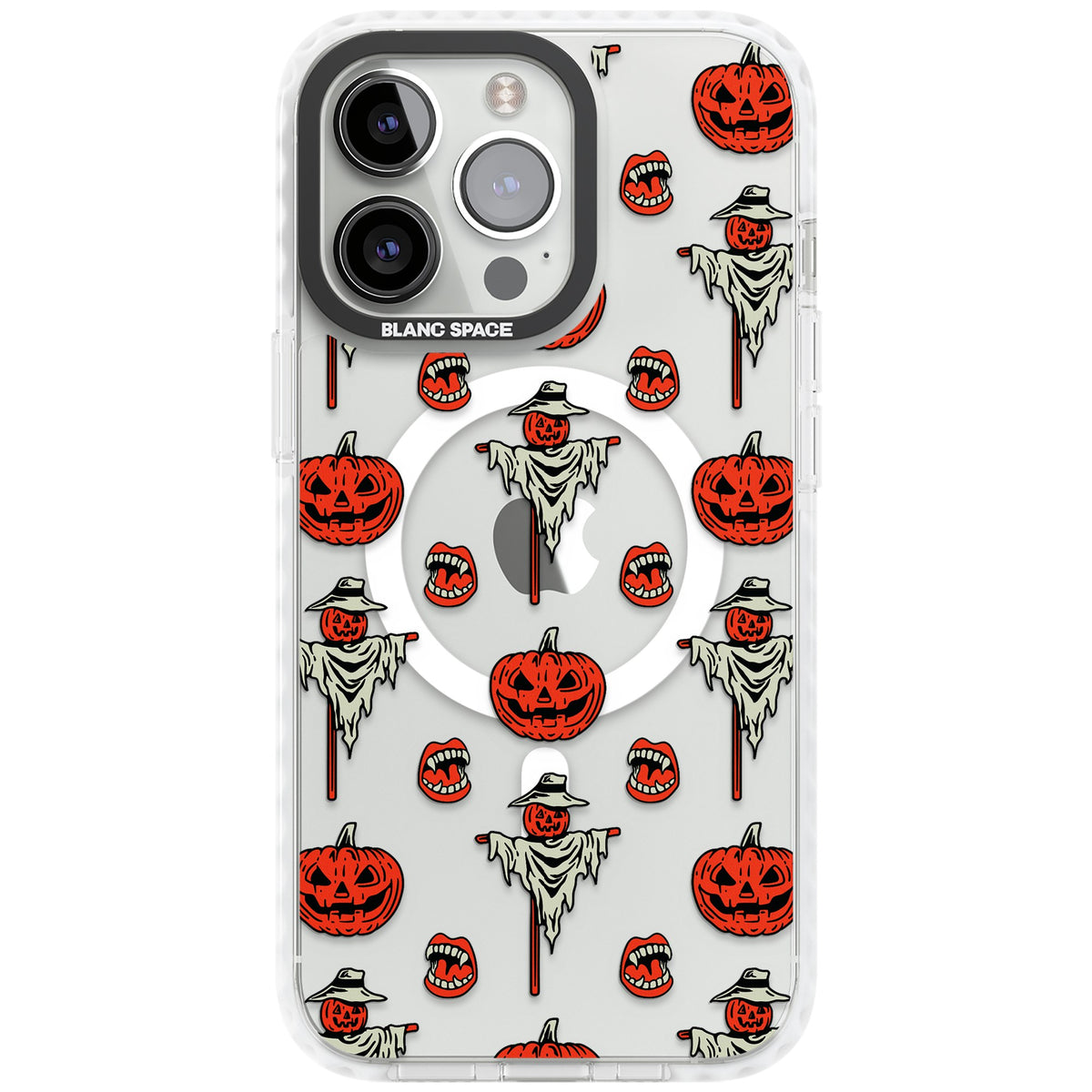 Retro Red Pumpkins & Scarecrows iPhone 13 Pro / iPhone 13 Pro Max / iPhone 14 Pro / iPhone 14 Pro Max / iPhone 15 Pro / iPhone 15 Pro Max Impact Pro Clear Phone Case front