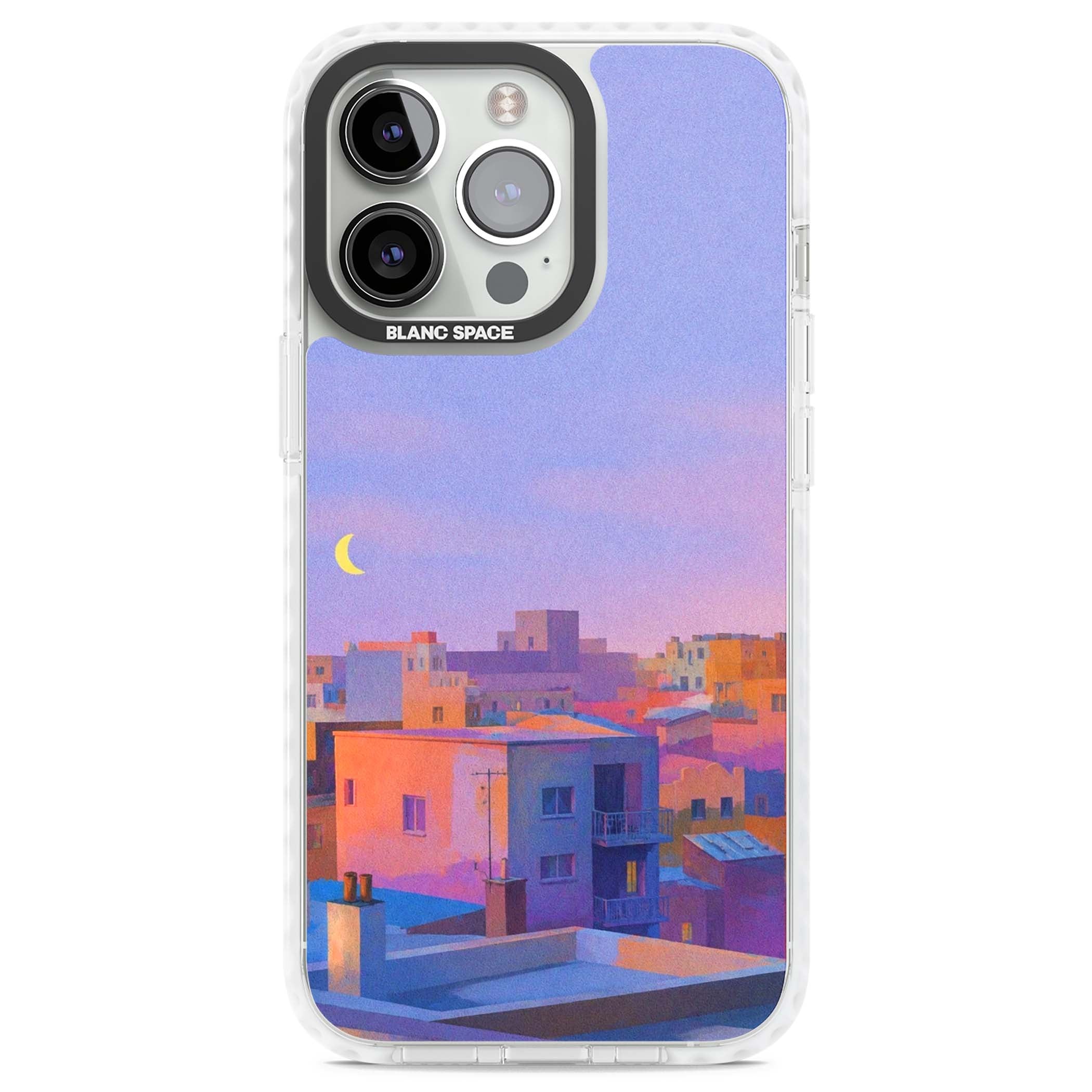 Twilight Rooftops vaporwave iPhone case featuring a pastel sunset cityscape, painted rooftops and a crescent moon. | Impact Magsafe case for iPhone 13 Pro, iPhone 14 Pro, iPhone 15 Pro