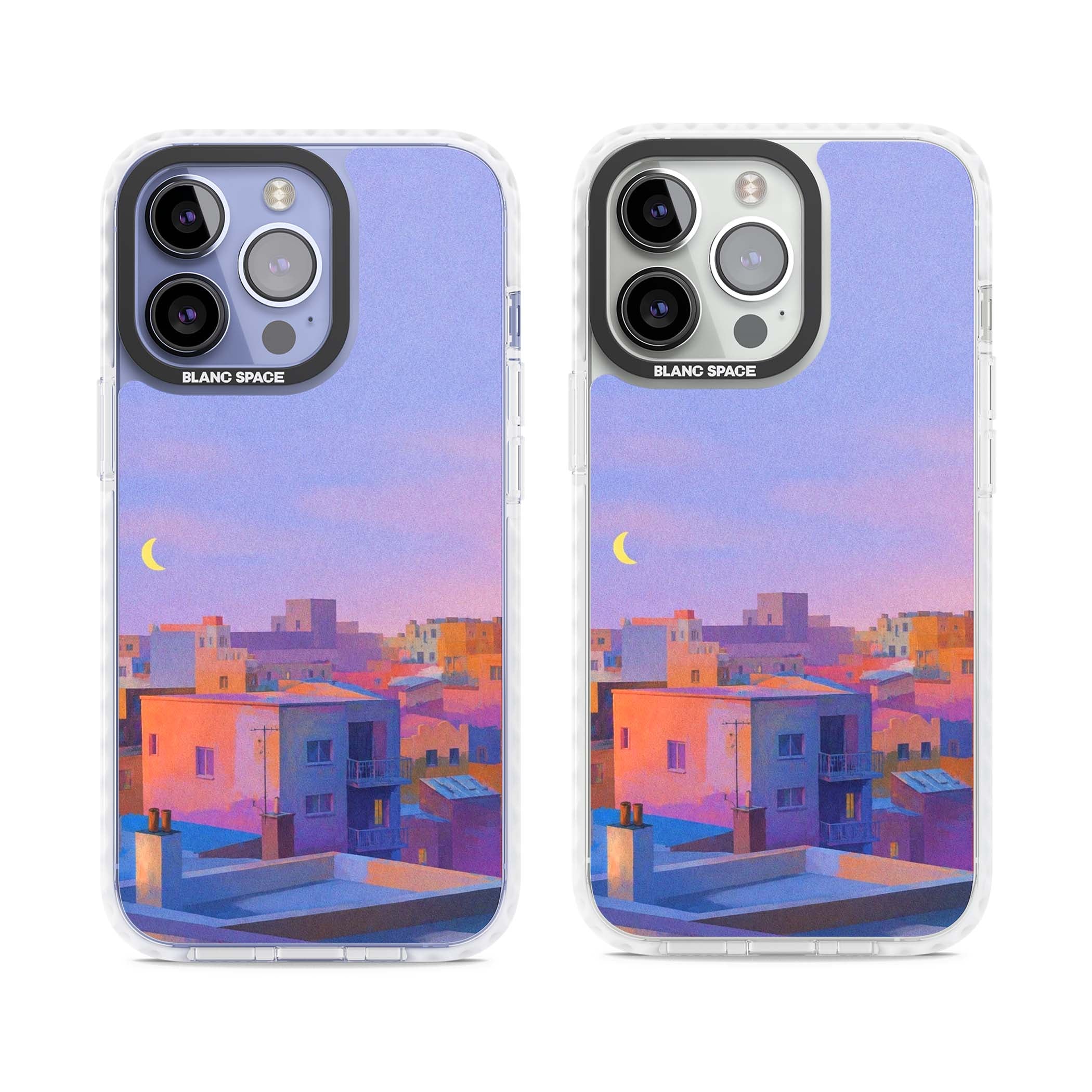 Twilight Rooftops vaporwave iPhone case featuring a pastel sunset cityscape, painted rooftops and a crescent moon. | Impact Magsafe case for iPhone 13 Pro, iPhone 14 Pro, iPhone 15 Pro