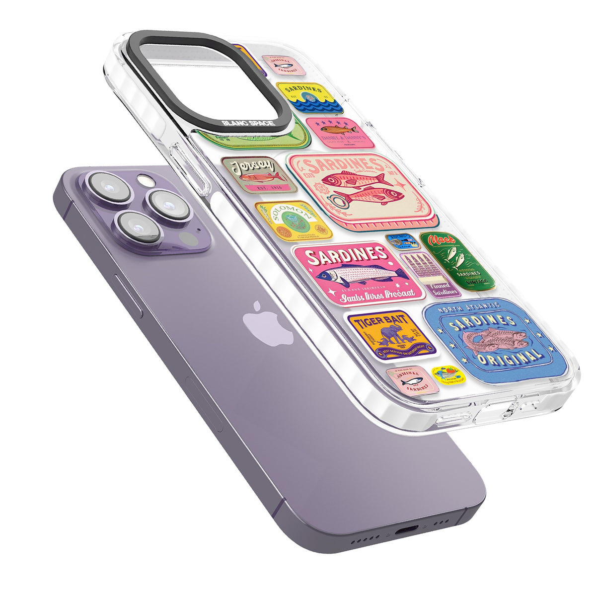 Coastal Sardines iPhone 13 Pro / iPhone 13 Pro Max / iPhone 14 Pro / iPhone 14 Pro Max / iPhone 15 Pro / iPhone 15 Pro Max Impact Pro Clear Phone Case angled