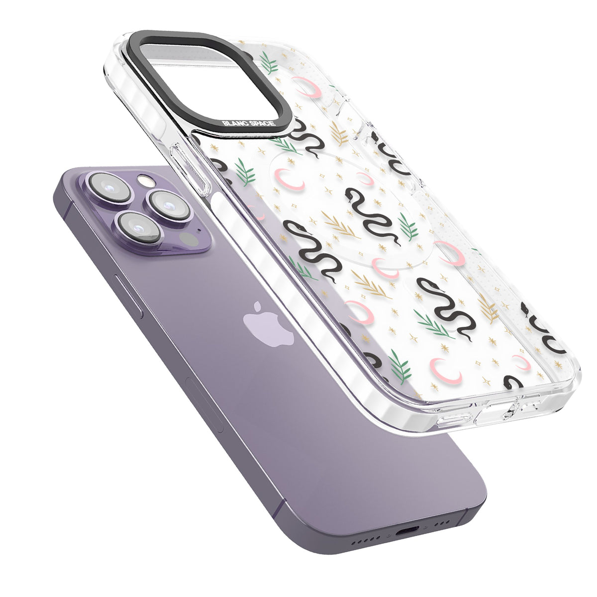 Snakes & Moons iPhone 13 Pro / iPhone 13 Pro Max / iPhone 14 Pro / iPhone 14 Pro Max / iPhone 15 Pro / iPhone 15 Pro Max Impact Pro Clear Phone Case angled