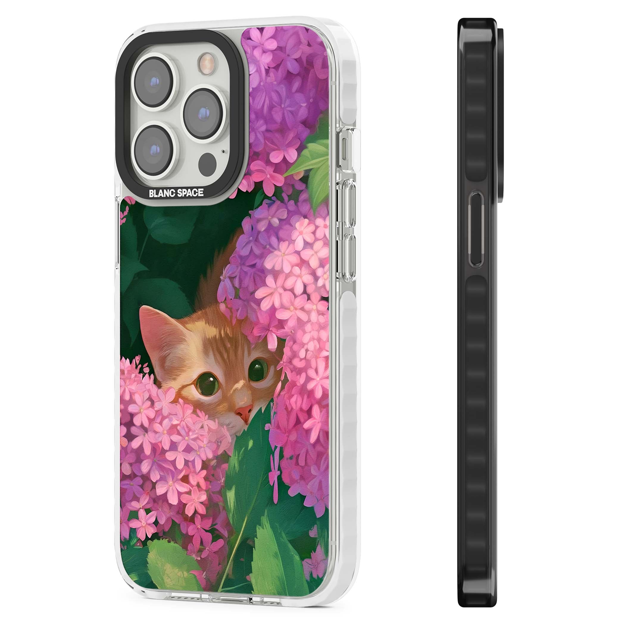 Cat In Pink Flowers cottagecore iPhone case featuring a ginger kitten peeking through lilac and pink hydrangea flo | Impact Magsafe case for iPhone 13 Pro, iPhone 14 Pro, iPhone 15 Pro