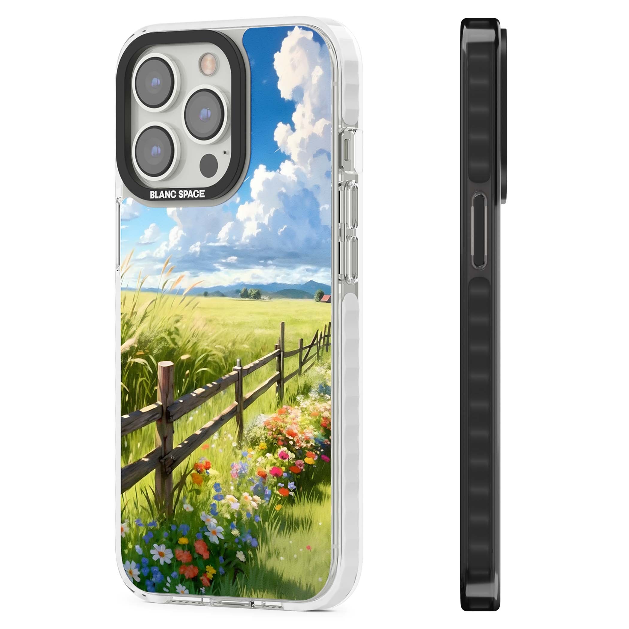 A Countryside Afternoon cottagecore iPhone case featuring a painted countryside meadow, wooden fence, and wildflowers beneath | Impact Magsafe case for iPhone 13 Pro, iPhone 14 Pro, iPhone 15 Pro