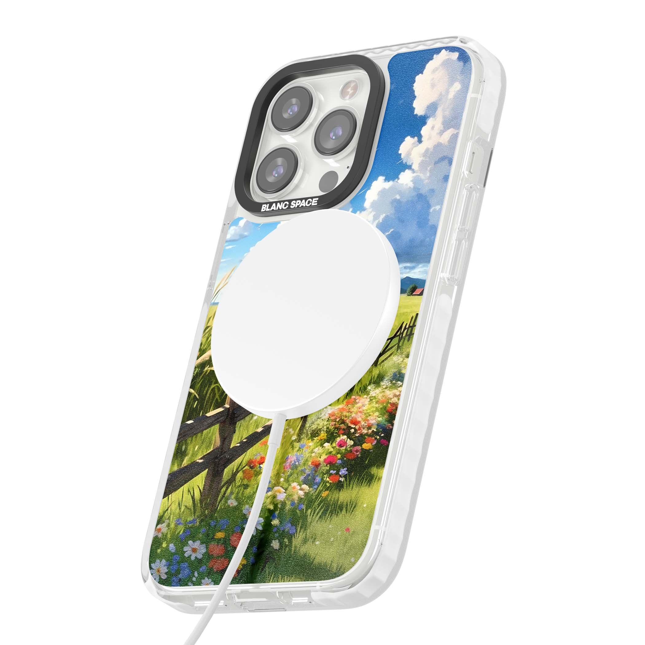 A Countryside Afternoon cottagecore iPhone case featuring a painted countryside meadow, wooden fence, and wildflowers beneath | Impact Magsafe case for iPhone 13 Pro, iPhone 14 Pro, iPhone 15 Pro