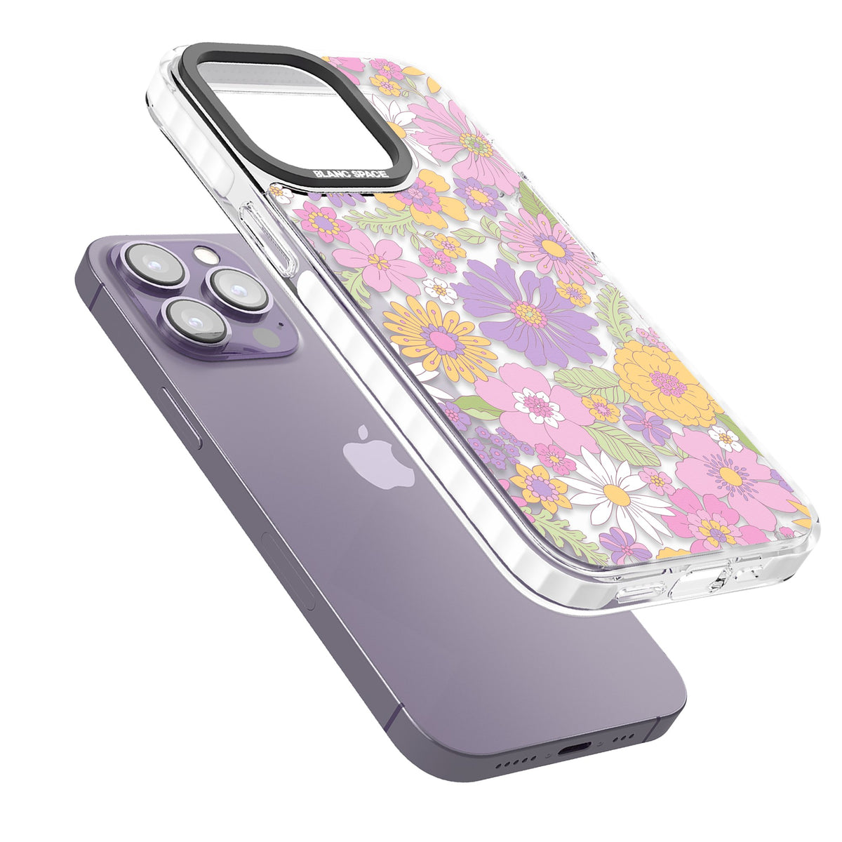 Soft Flowers iPhone 13 Pro / iPhone 13 Pro Max / iPhone 14 Pro / iPhone 14 Pro Max / iPhone 15 Pro / iPhone 15 Pro Max Impact Pro Clear Phone Case angled