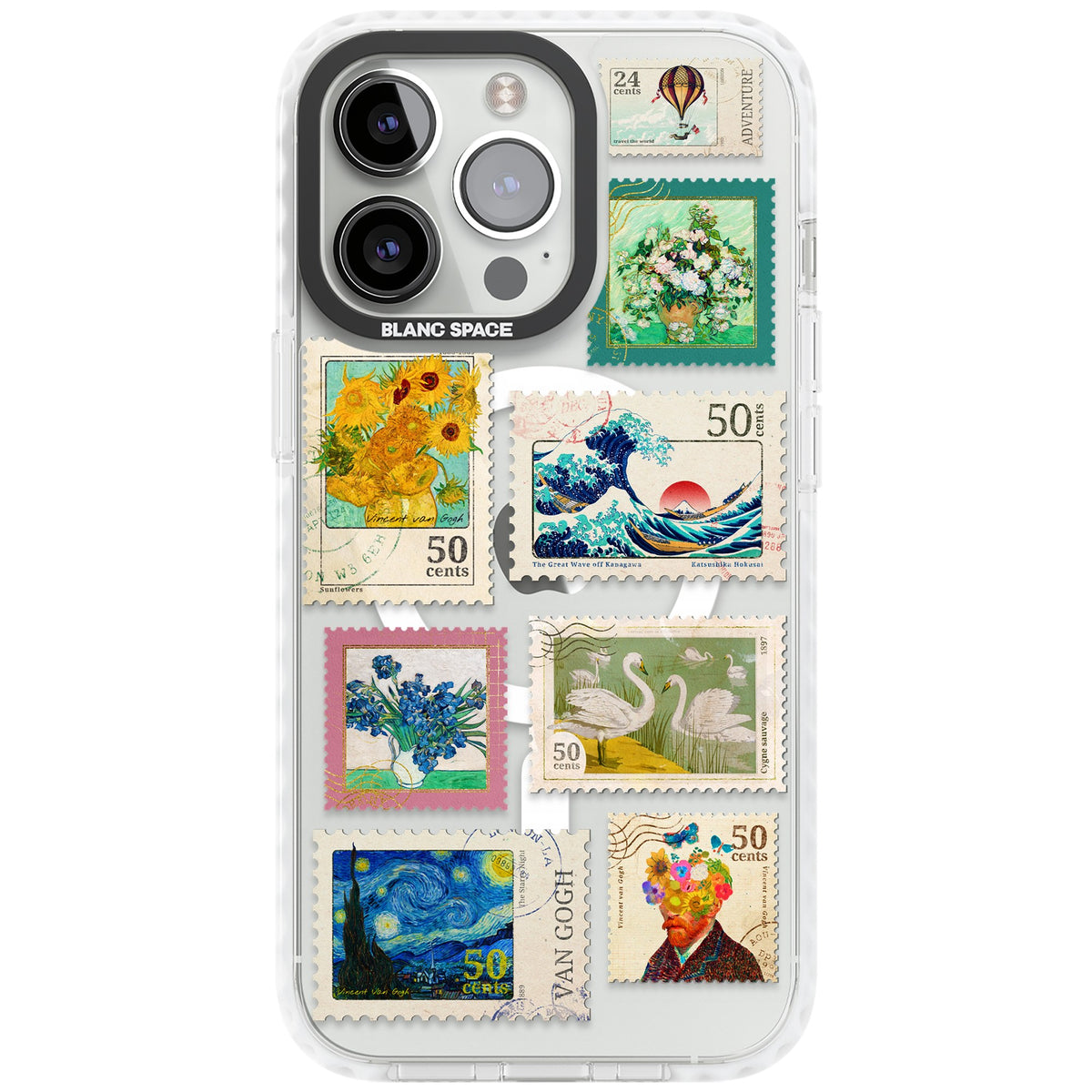 Vintage Art Stamps iPhone 13 Pro / iPhone 13 Pro Max / iPhone 14 Pro / iPhone 14 Pro Max / iPhone 15 Pro / iPhone 15 Pro Max Impact Pro Clear Phone Case front
