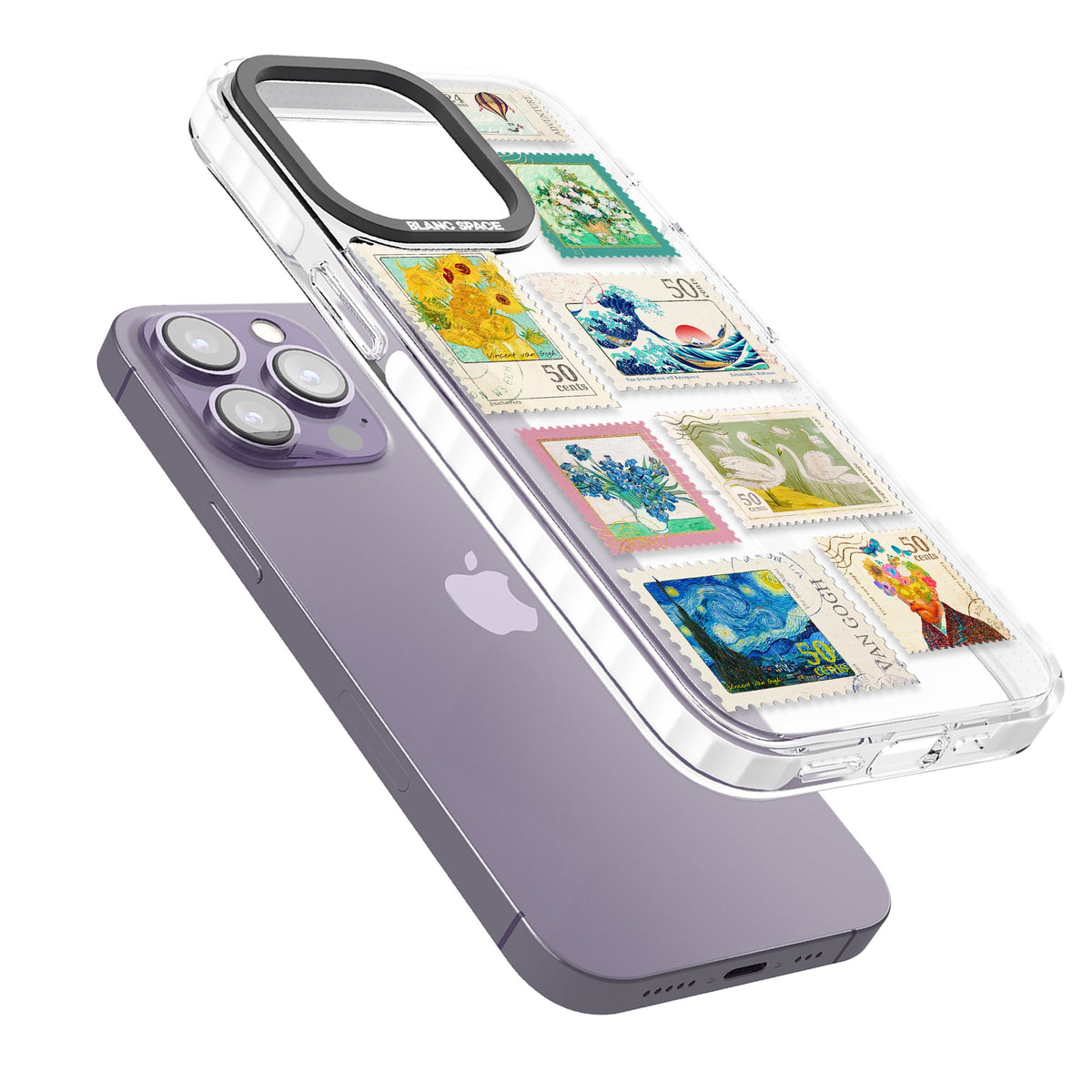 Vintage Art Stamps iPhone 13 Pro / iPhone 13 Pro Max / iPhone 14 Pro / iPhone 14 Pro Max / iPhone 15 Pro / iPhone 15 Pro Max Impact Pro Clear Phone Case angled