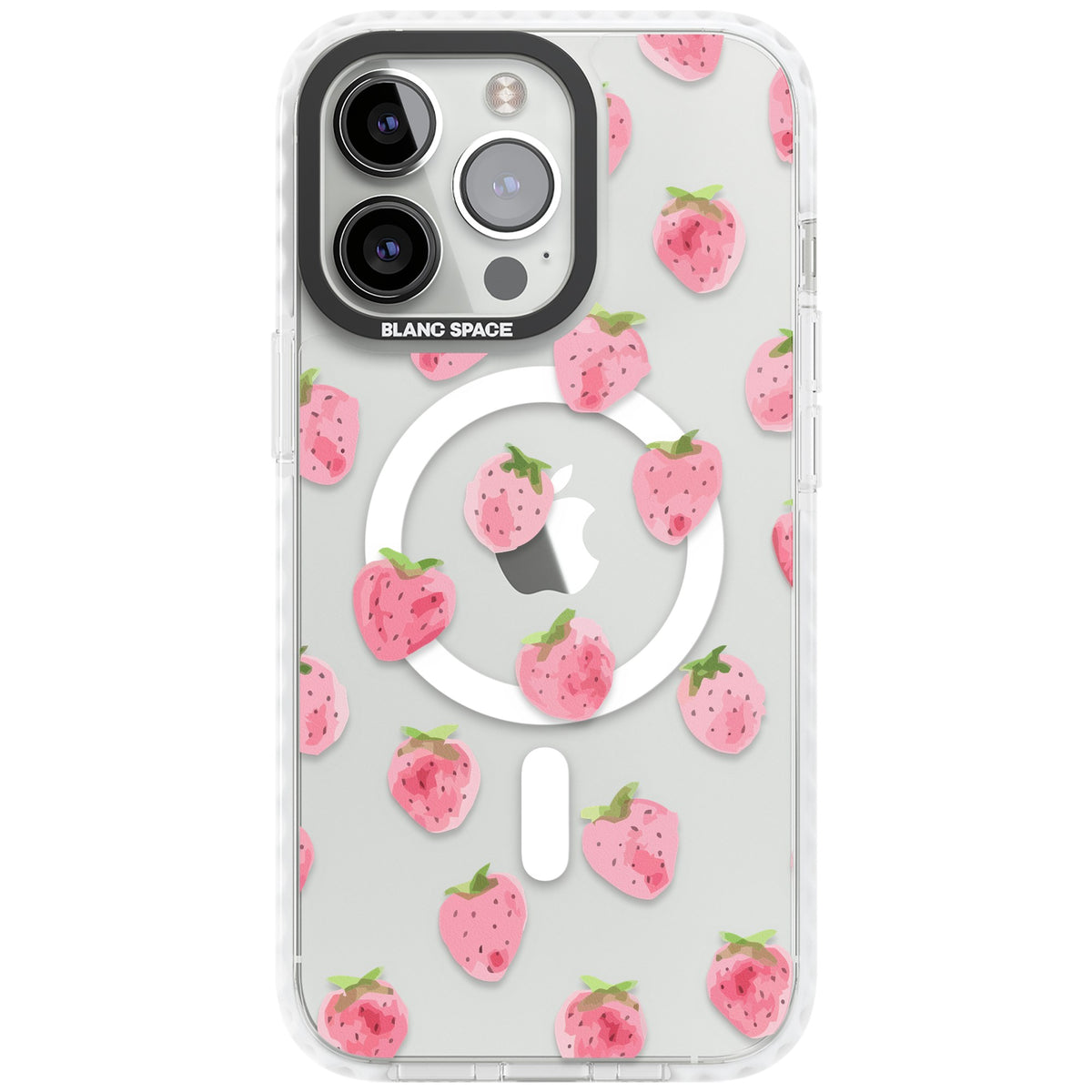 Pink Strawberry iPhone 13 Pro / iPhone 13 Pro Max / iPhone 14 Pro / iPhone 14 Pro Max / iPhone 15 Pro / iPhone 15 Pro Max Impact Pro Clear Phone Case front