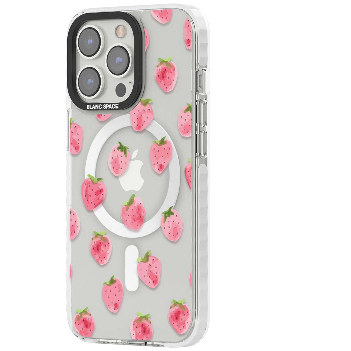 Pink Strawberry iPhone 13 Pro / iPhone 13 Pro Max / iPhone 14 Pro / iPhone 14 Pro Max / iPhone 15 Pro / iPhone 15 Pro Max Impact Pro Clear Phone Case side