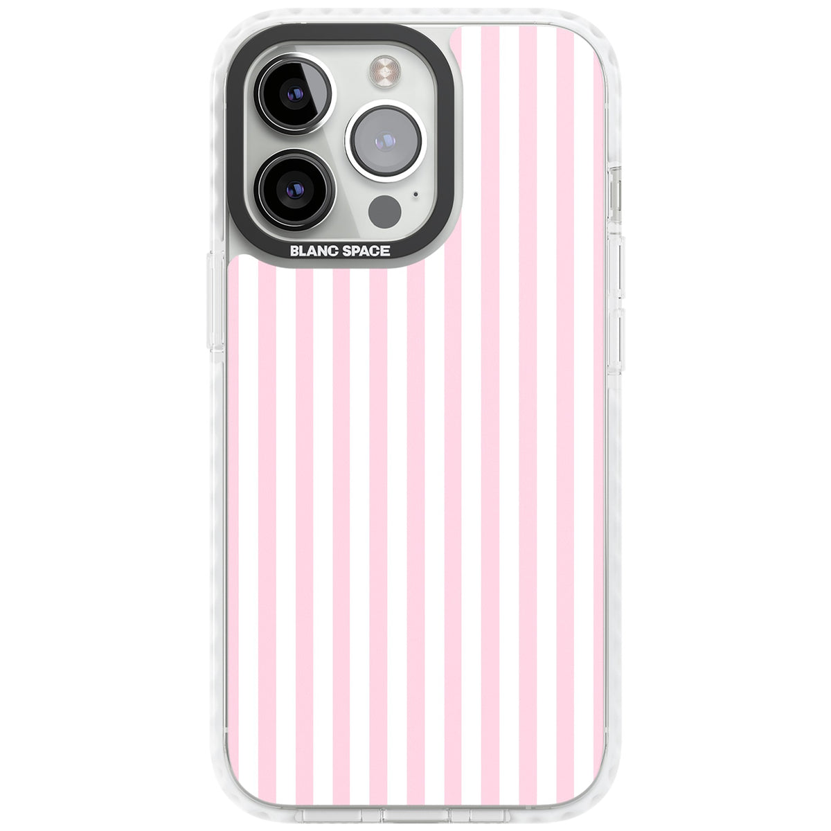 Pink Stripe preppy iPhone case featuring soft pastel pink and white vertical candy stripes iPhone 12 Pro Max / iPhone 13 Pro / iPhone 13 Pro Max / iPhone 14 Pro / iPhone 14 Pro Max / iPhone 15 Pro / iPhone 15 Pro Max Impact Pro Clear Phone Case front