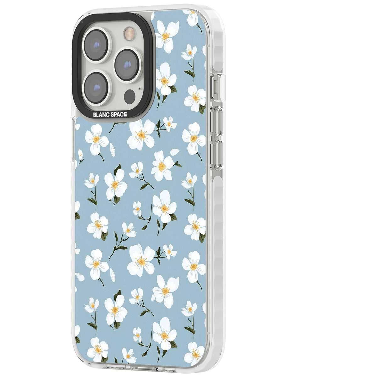 Powder Blue Petals iPhone 13 Pro / iPhone 13 Pro Max / iPhone 14 Pro / iPhone 14 Pro Max / iPhone 15 Pro / iPhone 15 Pro Max Impact Pro Clear Phone Case side