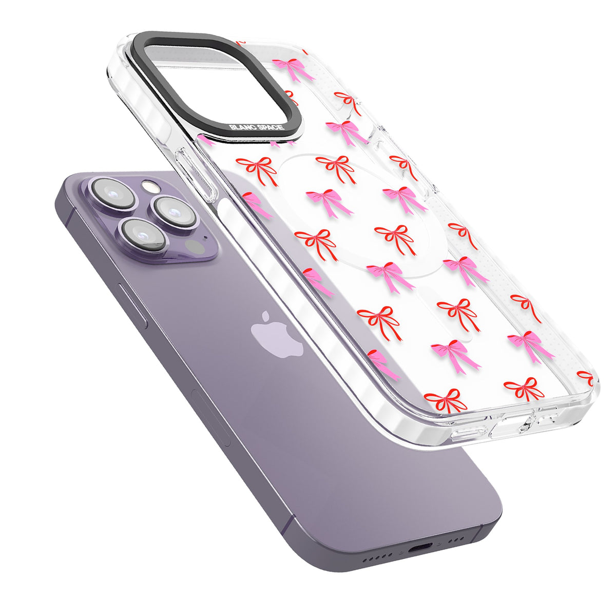 Cute Bow Pattern iPhone 13 Pro / iPhone 13 Pro Max / iPhone 14 Pro / iPhone 14 Pro Max / iPhone 15 Pro / iPhone 15 Pro Max Impact Pro Clear Phone Case angled