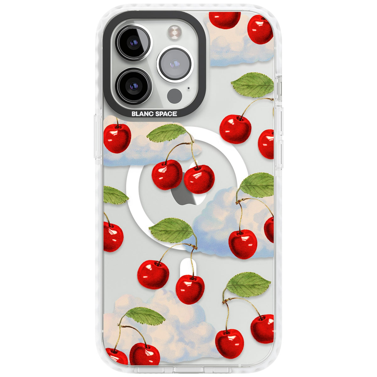 Vintage Cherries & Clouds iPhone 13 Pro / iPhone 13 Pro Max / iPhone 14 Pro / iPhone 14 Pro Max / iPhone 15 Pro / iPhone 15 Pro Max Impact Pro Clear Phone Case front