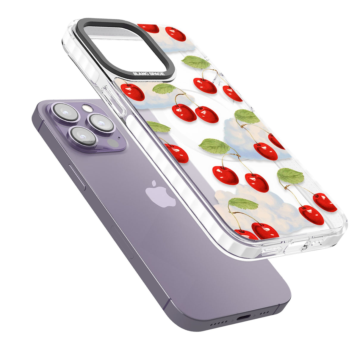 Vintage Cherries & Clouds iPhone 13 Pro / iPhone 13 Pro Max / iPhone 14 Pro / iPhone 14 Pro Max / iPhone 15 Pro / iPhone 15 Pro Max Impact Pro Clear Phone Case angled