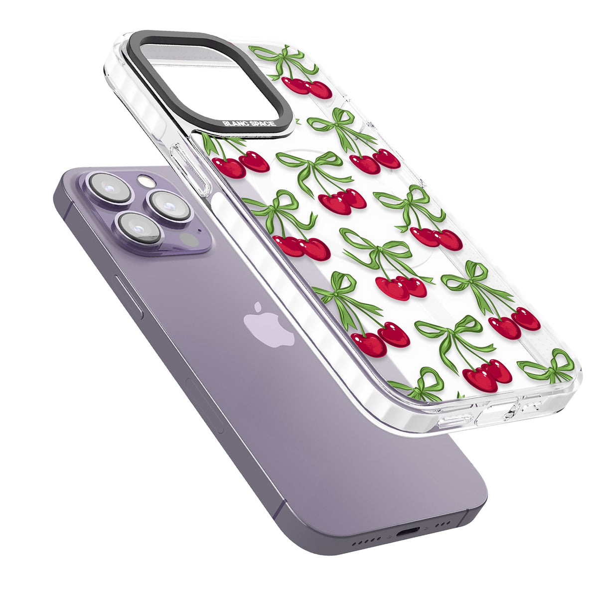 Cherry Bows iPhone 13 Pro / iPhone 13 Pro Max / iPhone 14 Pro / iPhone 14 Pro Max / iPhone 15 Pro / iPhone 15 Pro Max Impact Pro Clear Phone Case angled