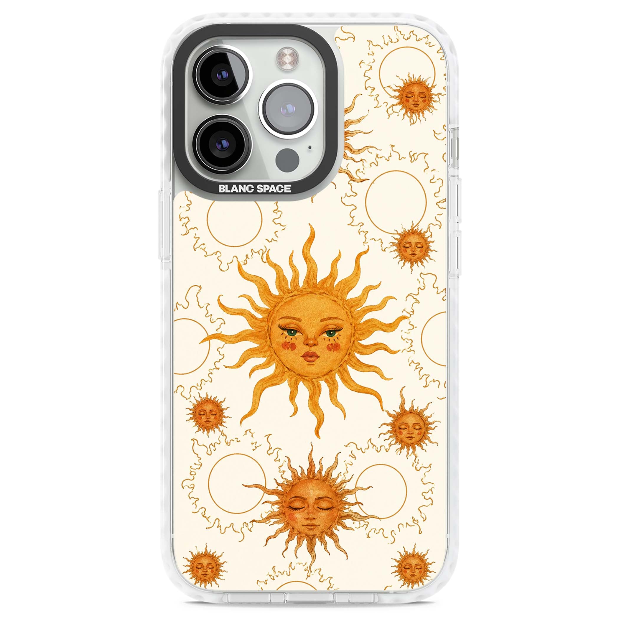 Solstice Muse celestial iPhone case featuring hand-painted golden sun faces, closed-eye sun goddesses and outlined moons... | Impact Magsafe case for iPhone 13 Pro, iPhone 14 Pro, iPhone 15 Pro