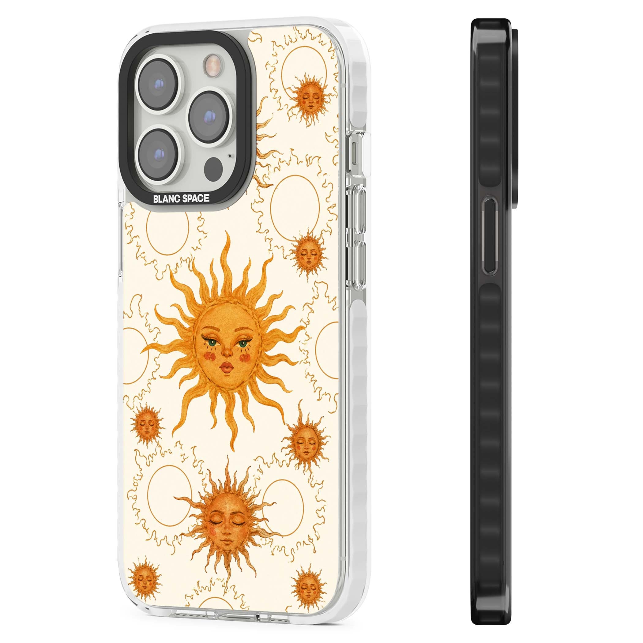 Solstice Muse celestial iPhone case featuring hand-painted golden sun faces, closed-eye sun goddesses and outlined moons... | Impact Magsafe case for iPhone 13 Pro, iPhone 14 Pro, iPhone 15 Pro