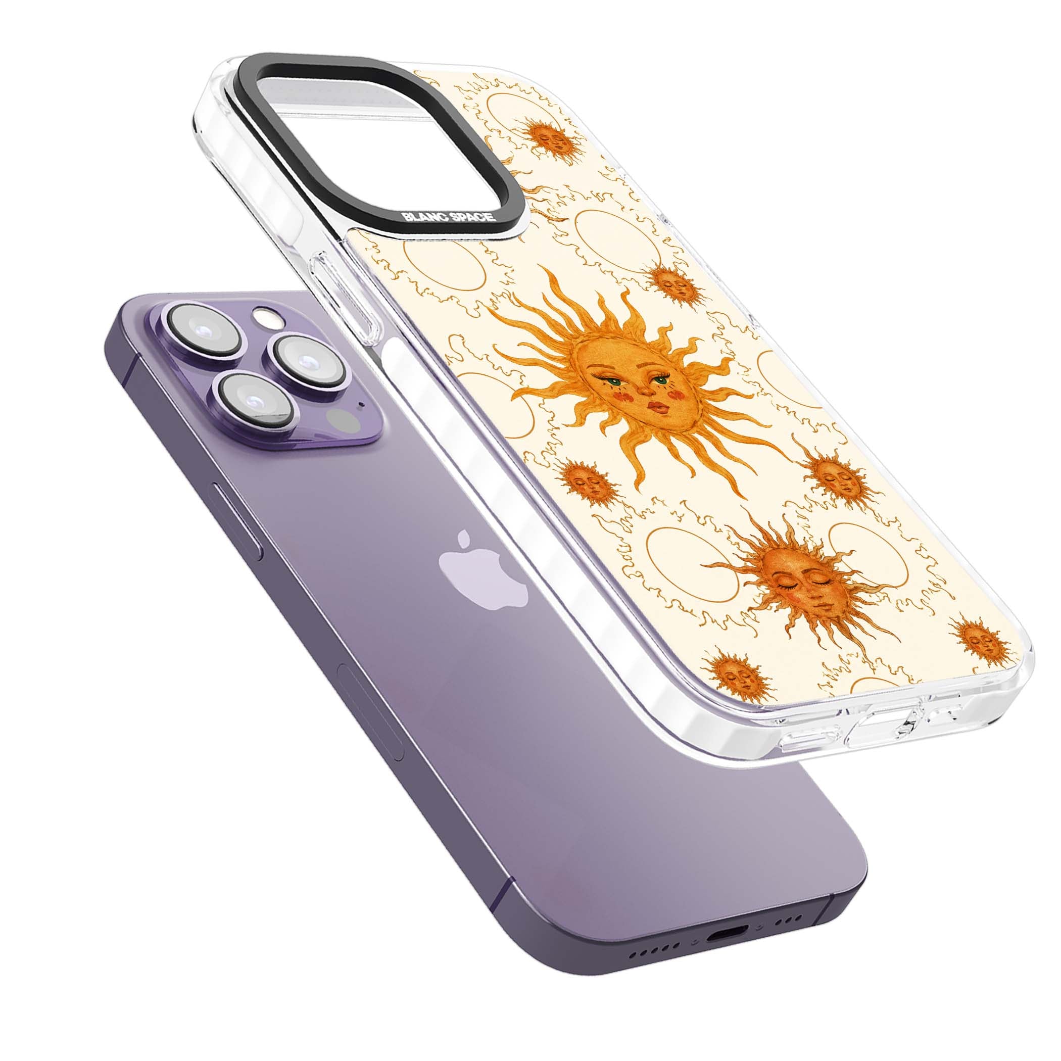Solstice Muse celestial iPhone case featuring hand-painted golden sun faces, closed-eye sun goddesses and outlined moons... | Impact Magsafe case for iPhone 13 Pro, iPhone 14 Pro, iPhone 15 Pro