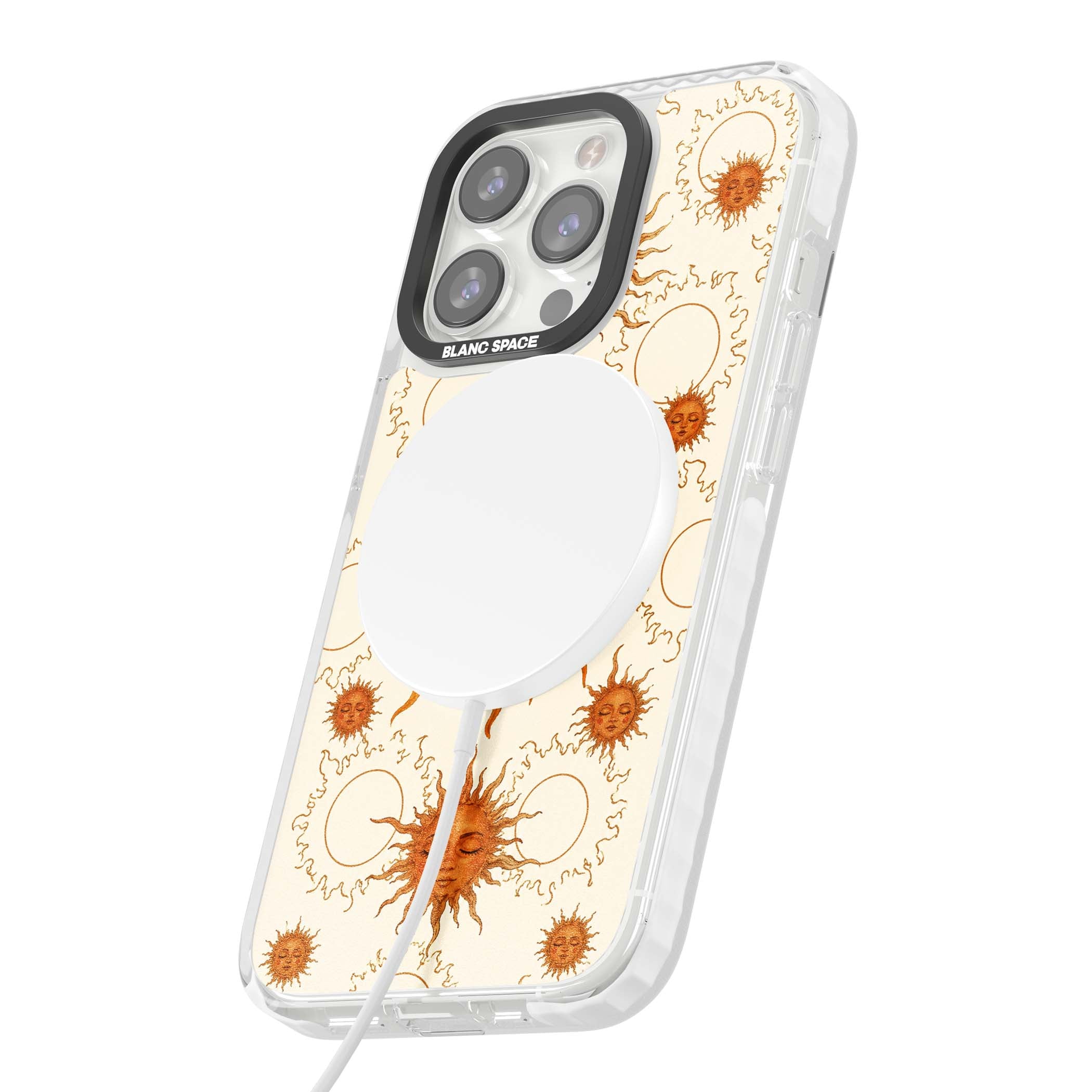 Solstice Muse celestial iPhone case featuring hand-painted golden sun faces, closed-eye sun goddesses and outlined moons... | Impact Magsafe case for iPhone 13 Pro, iPhone 14 Pro, iPhone 15 Pro