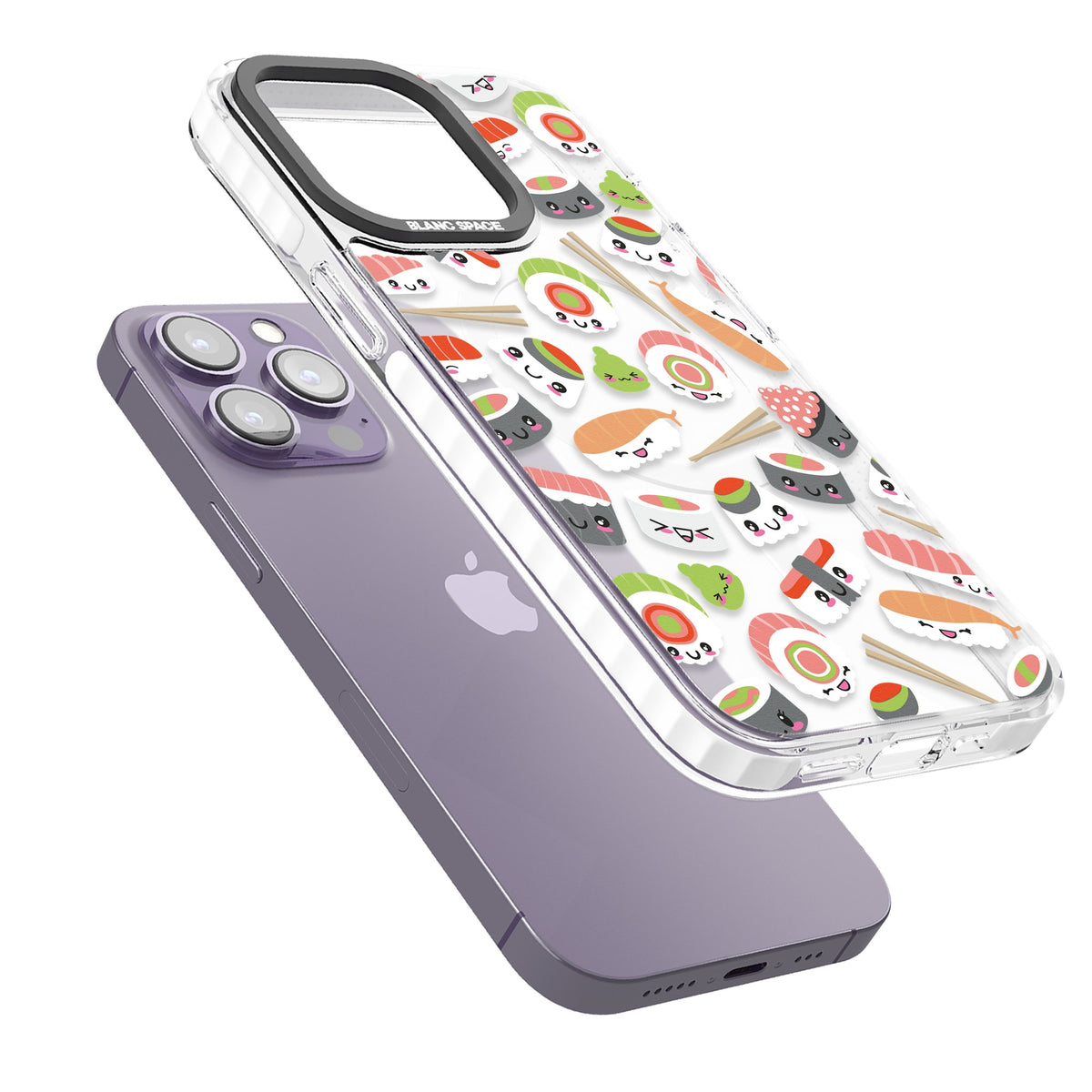 Kawaii Sushi Party iPhone 13 Pro / iPhone 13 Pro Max / iPhone 14 Pro / iPhone 14 Pro Max / iPhone 15 Pro / iPhone 15 Pro Max Impact Pro Clear Phone Case angled