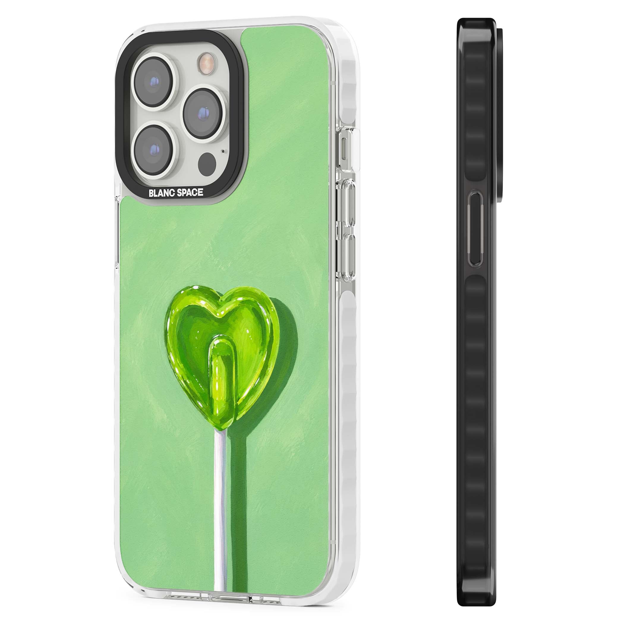 Green Lollipop candy art iPhone case featuring a glossy green heart-shaped lollipop on a painted pastel green background | Impact Magsafe case for iPhone 13 Pro, iPhone 14 Pro, iPhone 15 Pro