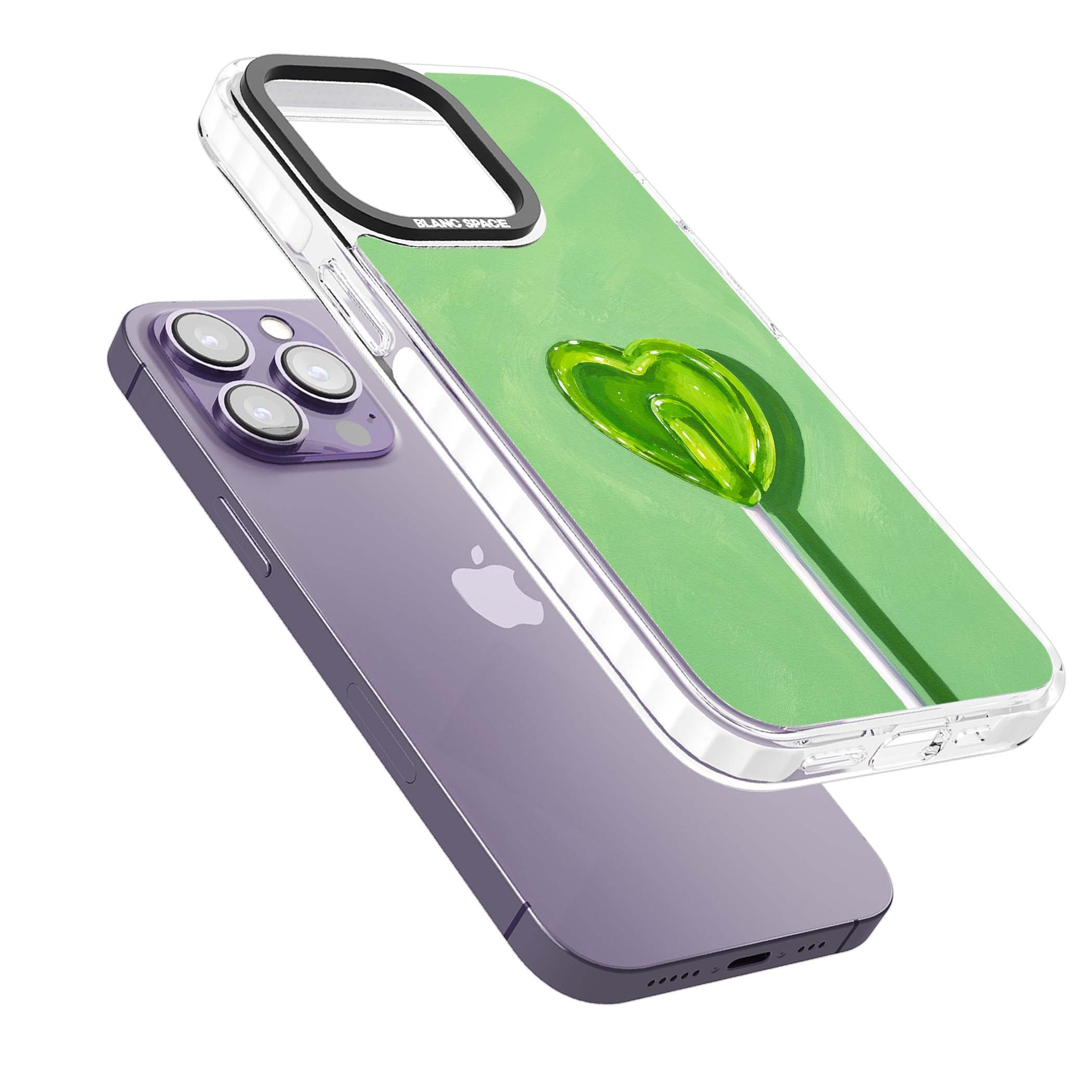 Green Lollipop candy art iPhone case featuring a glossy green heart-shaped lollipop on a painted pastel green background | Impact Magsafe case for iPhone 13 Pro, iPhone 14 Pro, iPhone 15 Pro