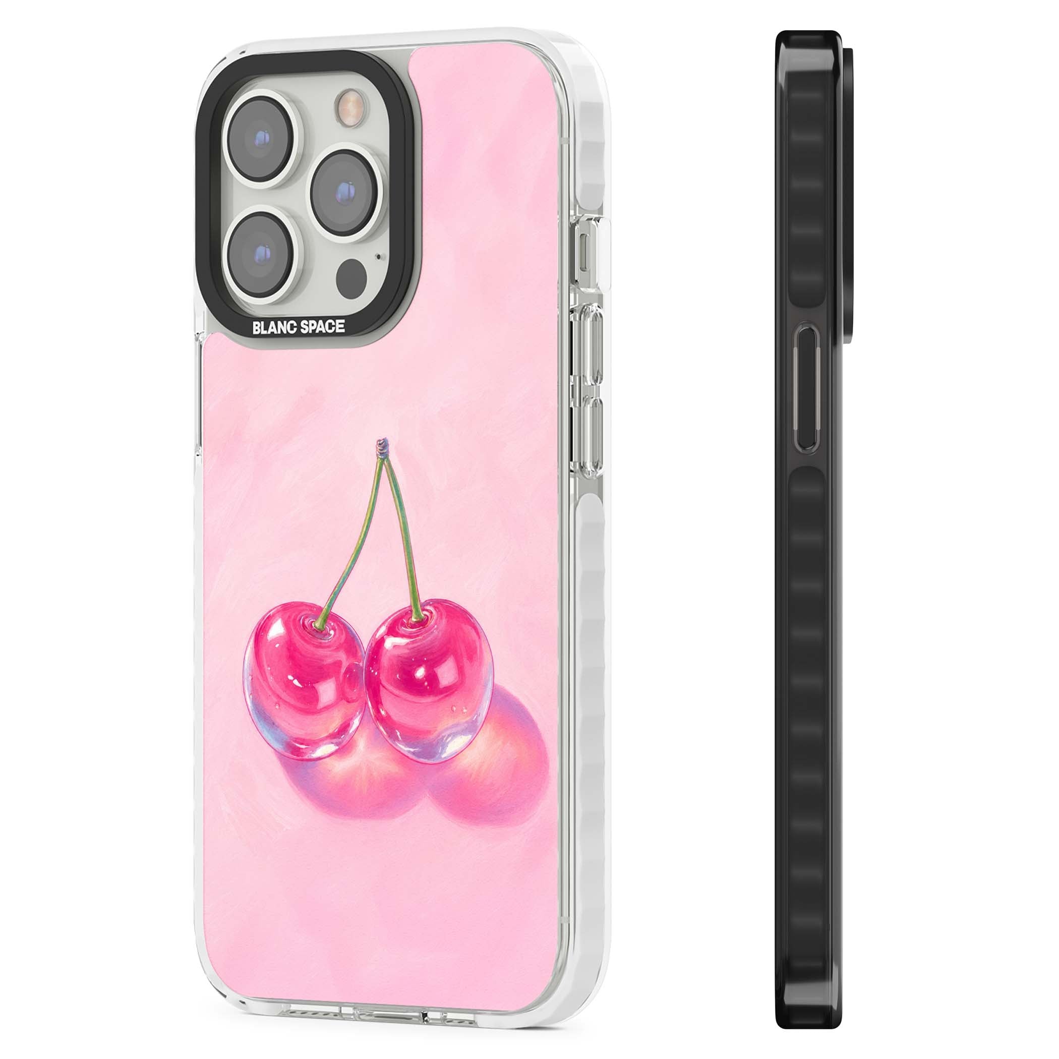 Pink Glass Cherry coquette iPhone case featuring two glossy painted cherries on a soft pink background | Impact Magsafe case for iPhone 13 Pro, iPhone 14 Pro, iPhone 15 Pro