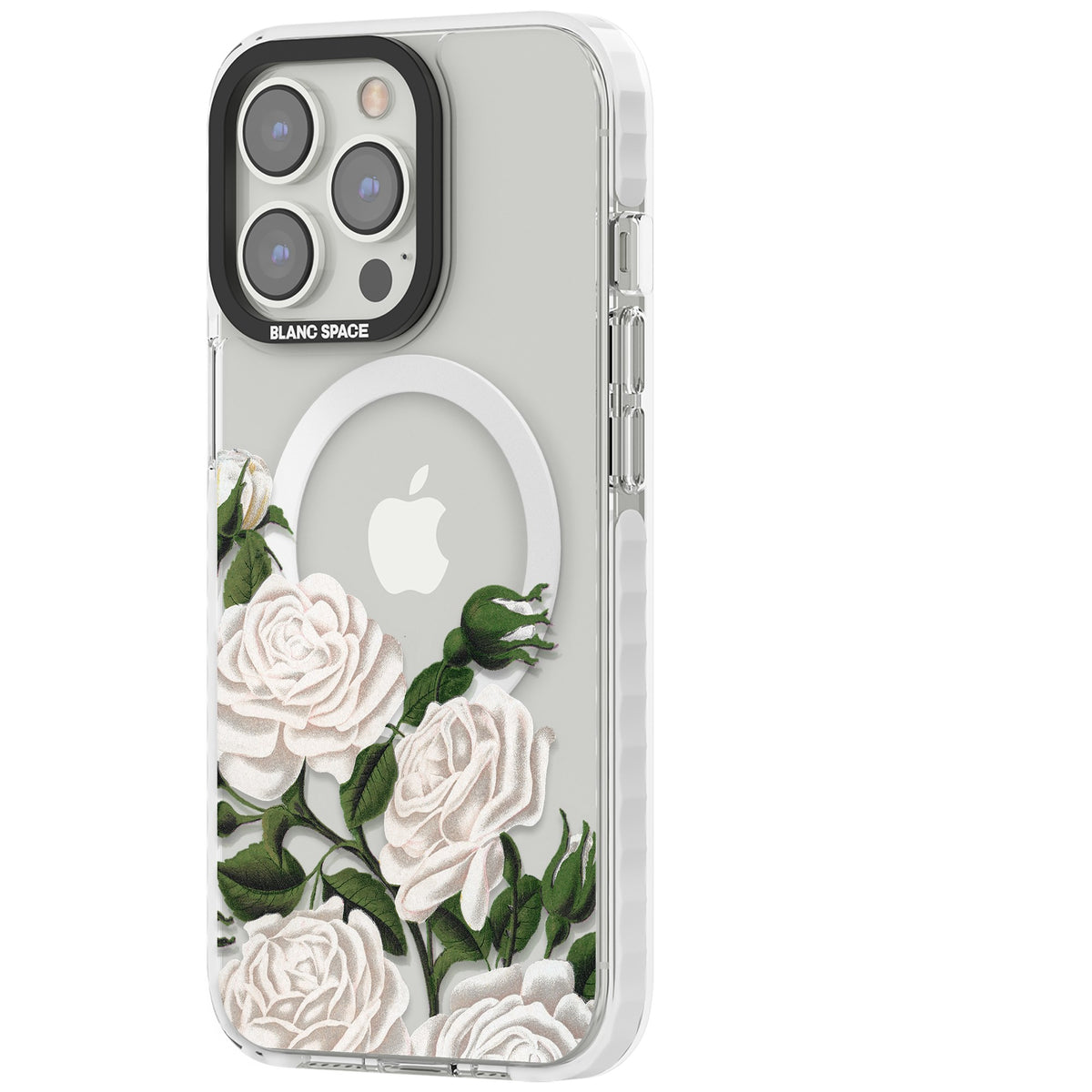 White Vintage Painted Flowers iPhone 13 Pro / iPhone 13 Pro Max / iPhone 14 Pro / iPhone 14 Pro Max / iPhone 15 Pro / iPhone 15 Pro Max Impact Pro Clear Phone Case side