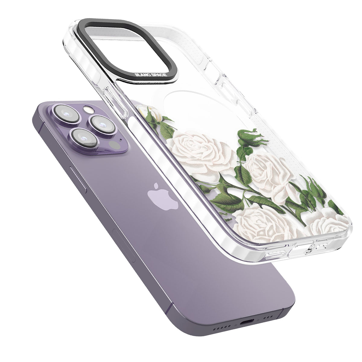 White Vintage Painted Flowers iPhone 13 Pro / iPhone 13 Pro Max / iPhone 14 Pro / iPhone 14 Pro Max / iPhone 15 Pro / iPhone 15 Pro Max Impact Pro Clear Phone Case angled