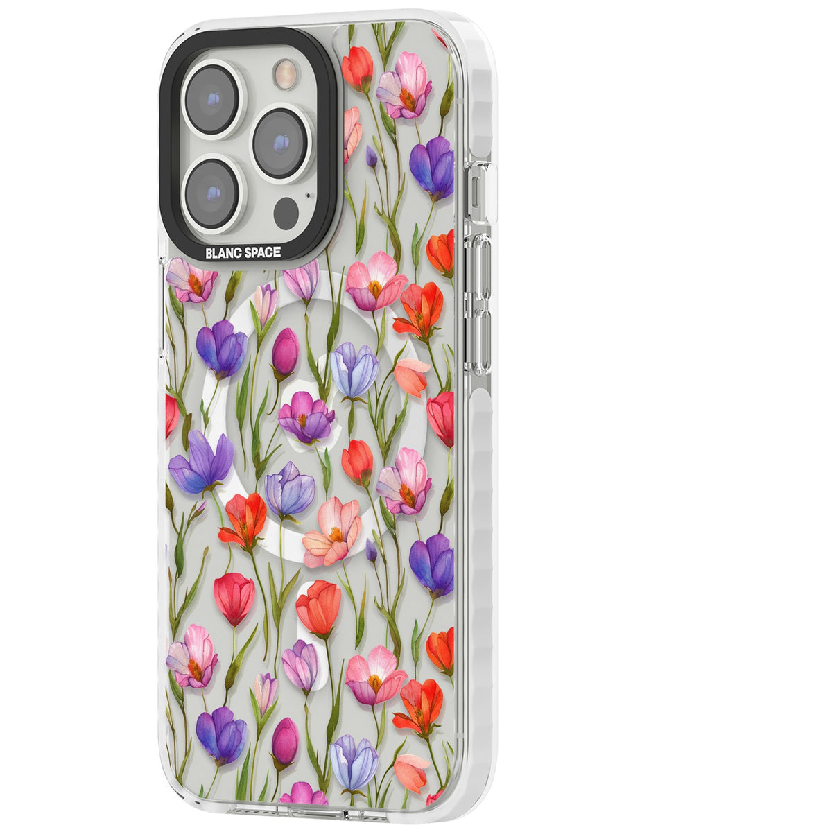 Red, Pink & Purple Flowers iPhone 13 Pro / iPhone 13 Pro Max / iPhone 14 Pro / iPhone 14 Pro Max / iPhone 15 Pro / iPhone 15 Pro Max Impact Pro Clear Phone Case side