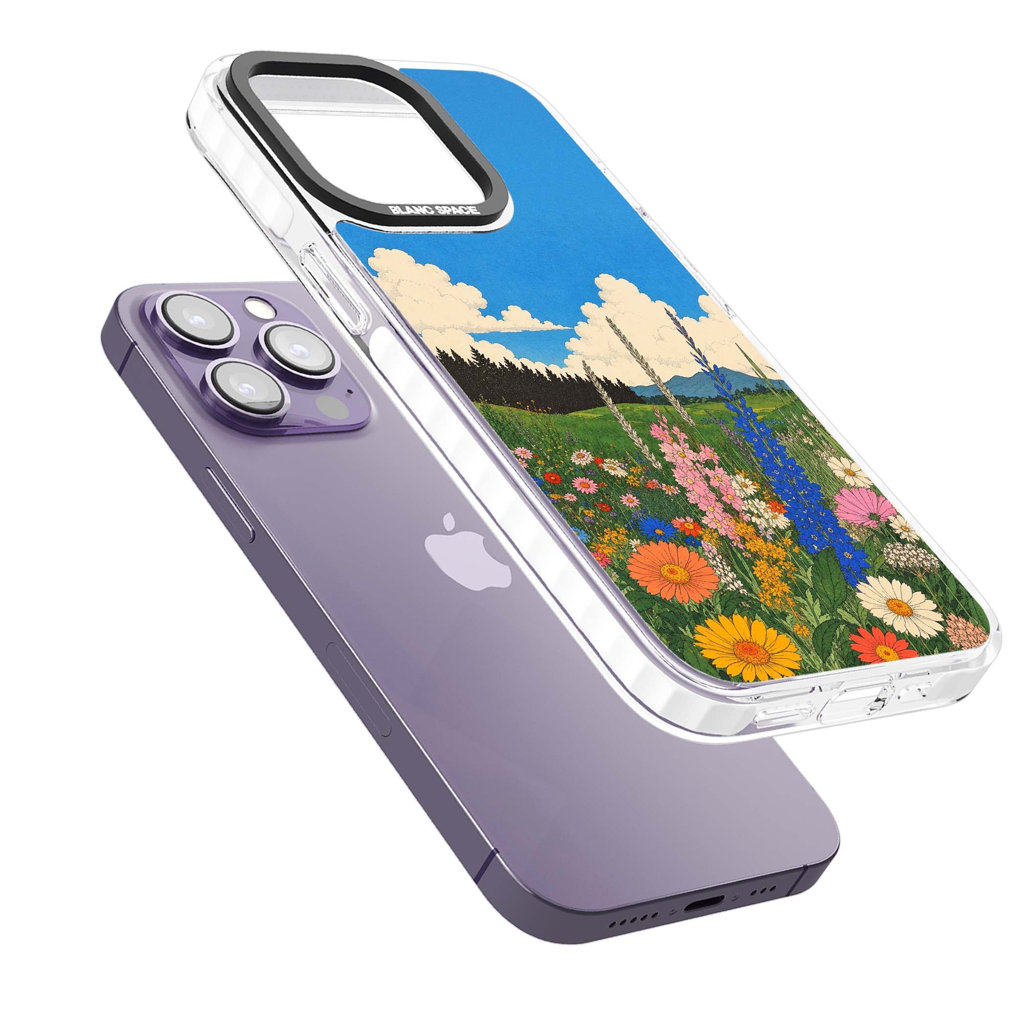 Wildbloom wildflower iPhone case featuring a vintage Japanese-style meadow landscape with daisies, delphiniums and moun | Impact Magsafe case for iPhone 13 Pro, iPhone 14 Pro, iPhone 15 Pro
