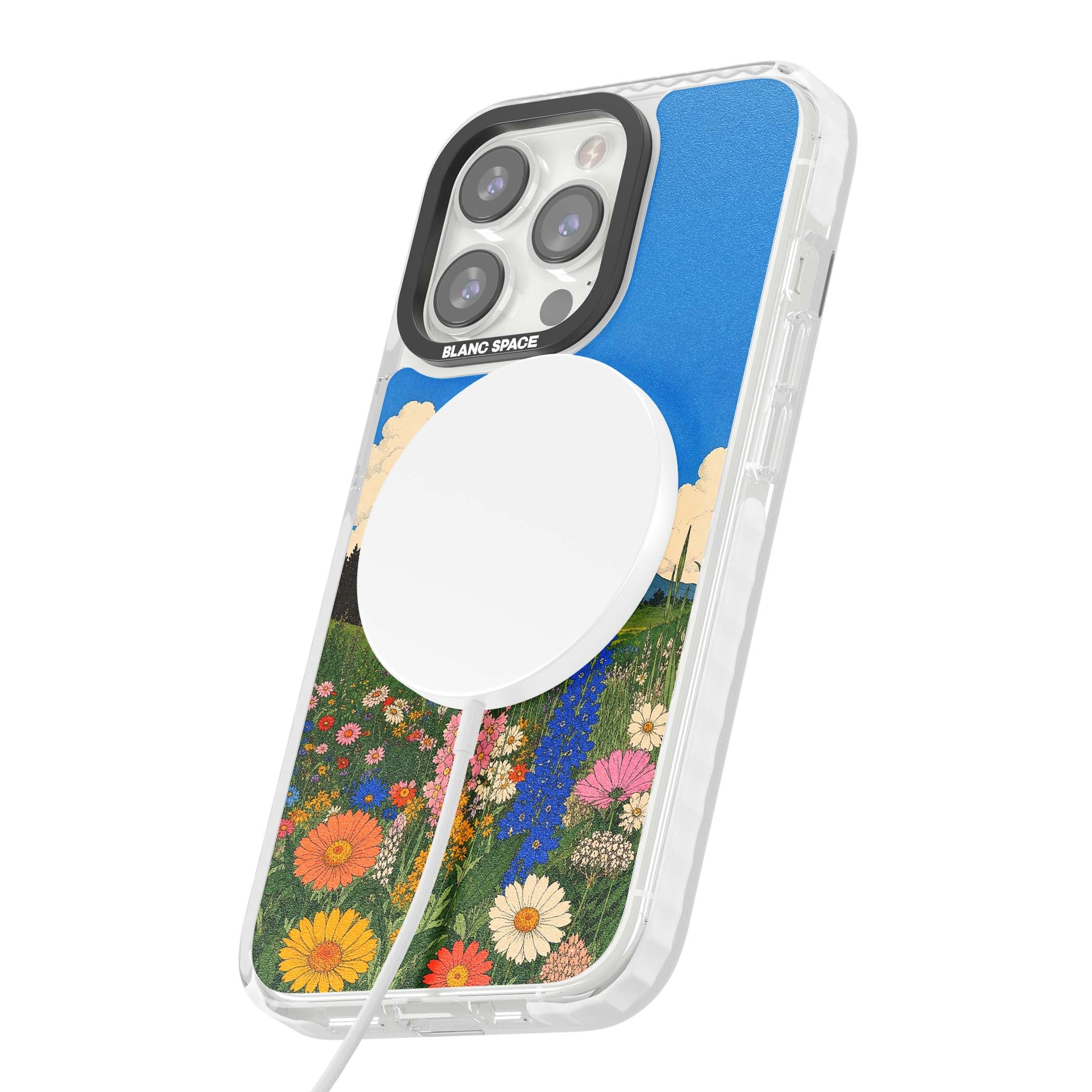 Wildbloom wildflower iPhone case featuring a vintage Japanese-style meadow landscape with daisies, delphiniums and moun | Impact Magsafe case for iPhone 13 Pro, iPhone 14 Pro, iPhone 15 Pro