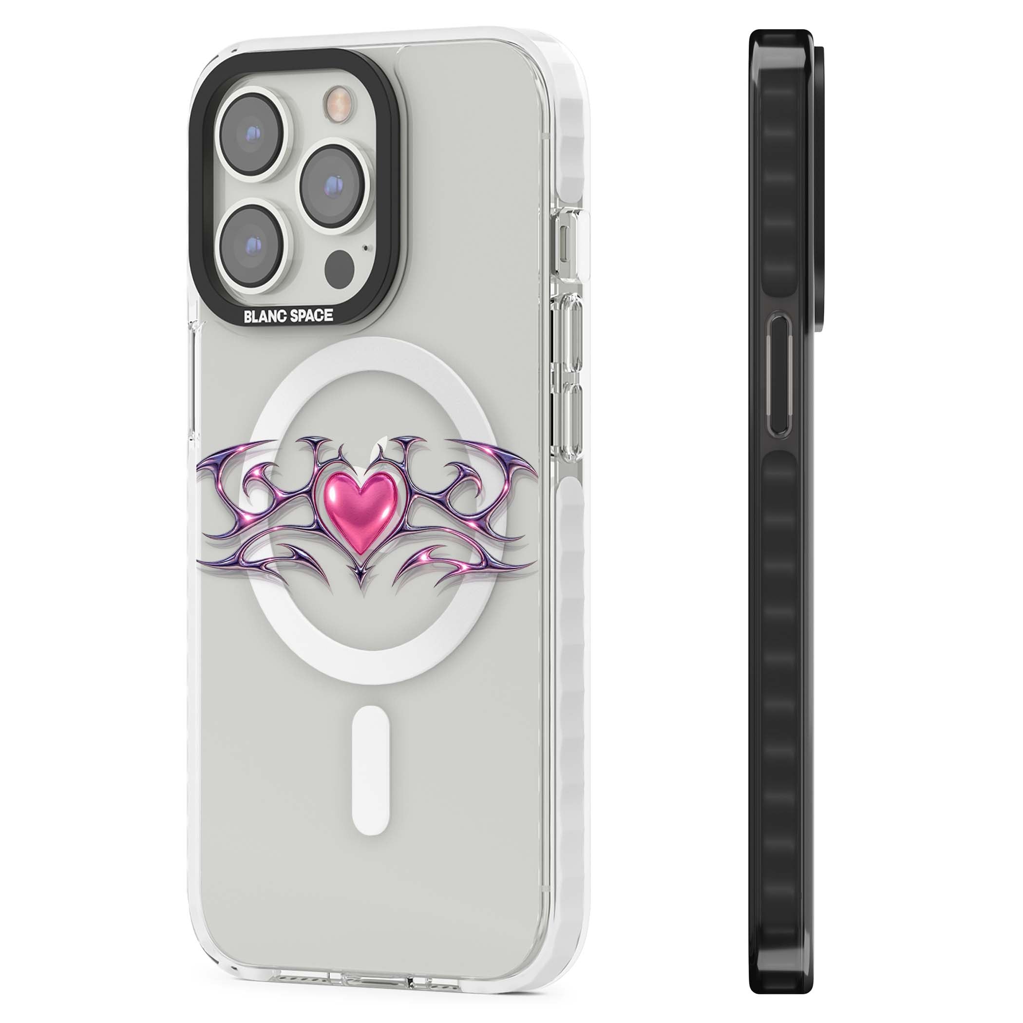 Pink Chrome Heart y2k iPhone case | Impact Magsafe case for iPhone 13 Pro, iPhone 14 Pro, iPhone 15 Pro