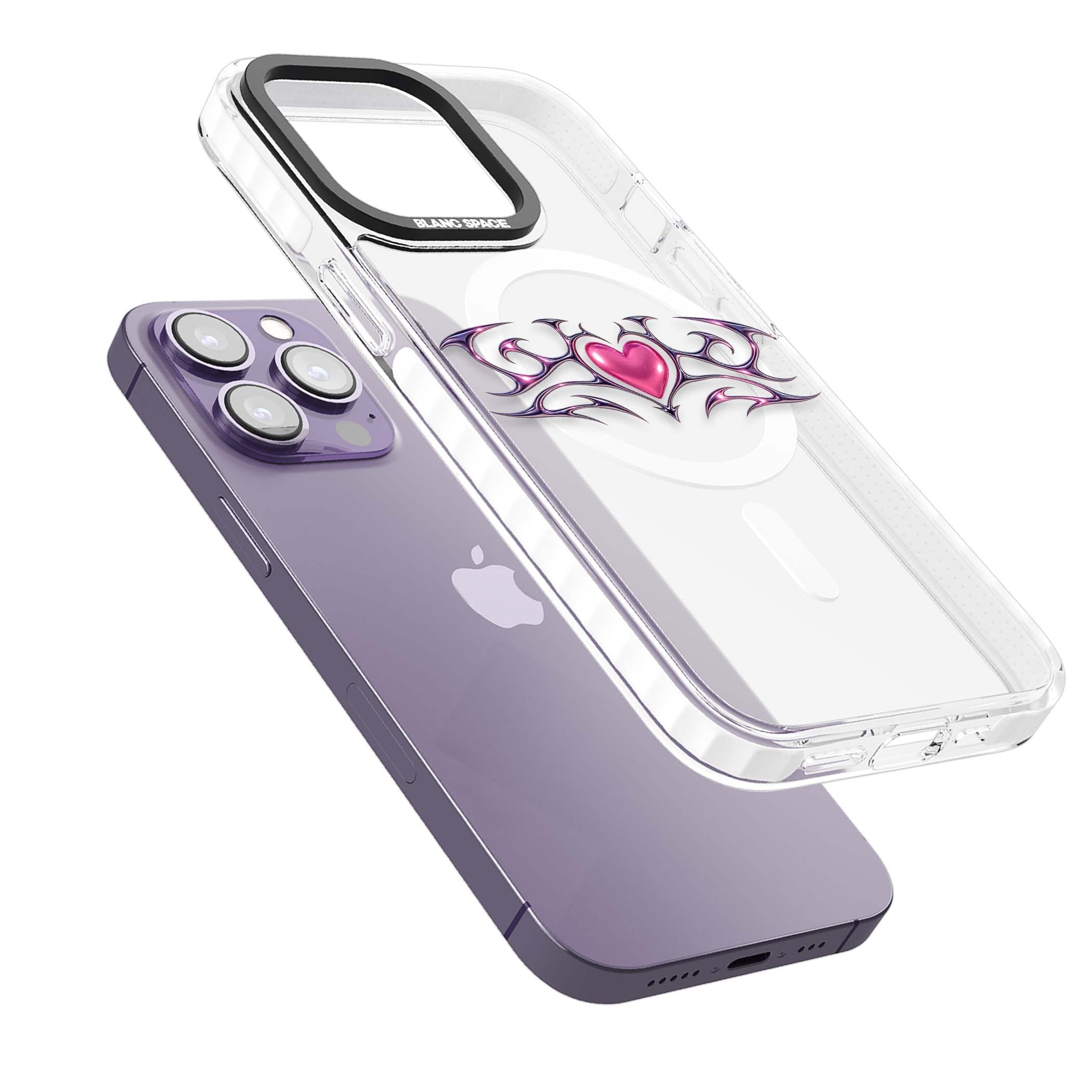 Pink Chrome Heart y2k iPhone case | Impact Magsafe case for iPhone 13 Pro, iPhone 14 Pro, iPhone 15 Pro