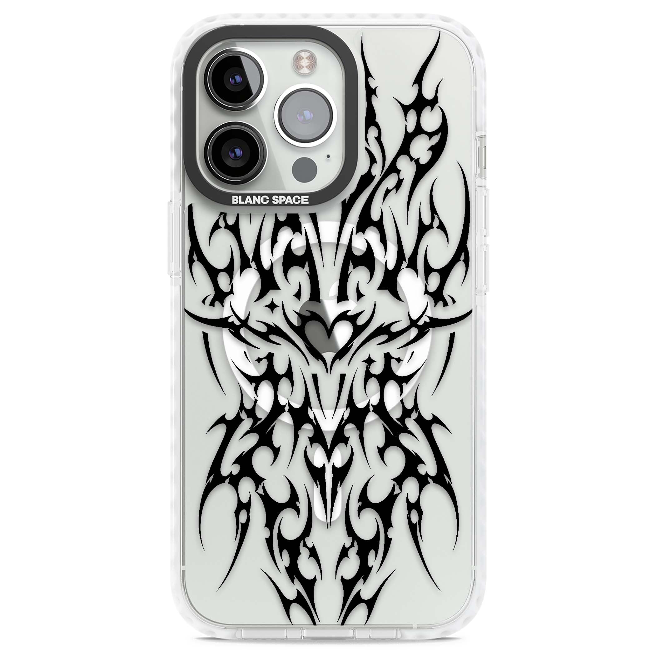 Neo Tribal Heart gothic iPhone case featuring symmetrical black tribal tattoo art with sharp thorn-like linework | Impact Magsafe case for iPhone 13 Pro, iPhone 14 Pro, iPhone 15 Pro