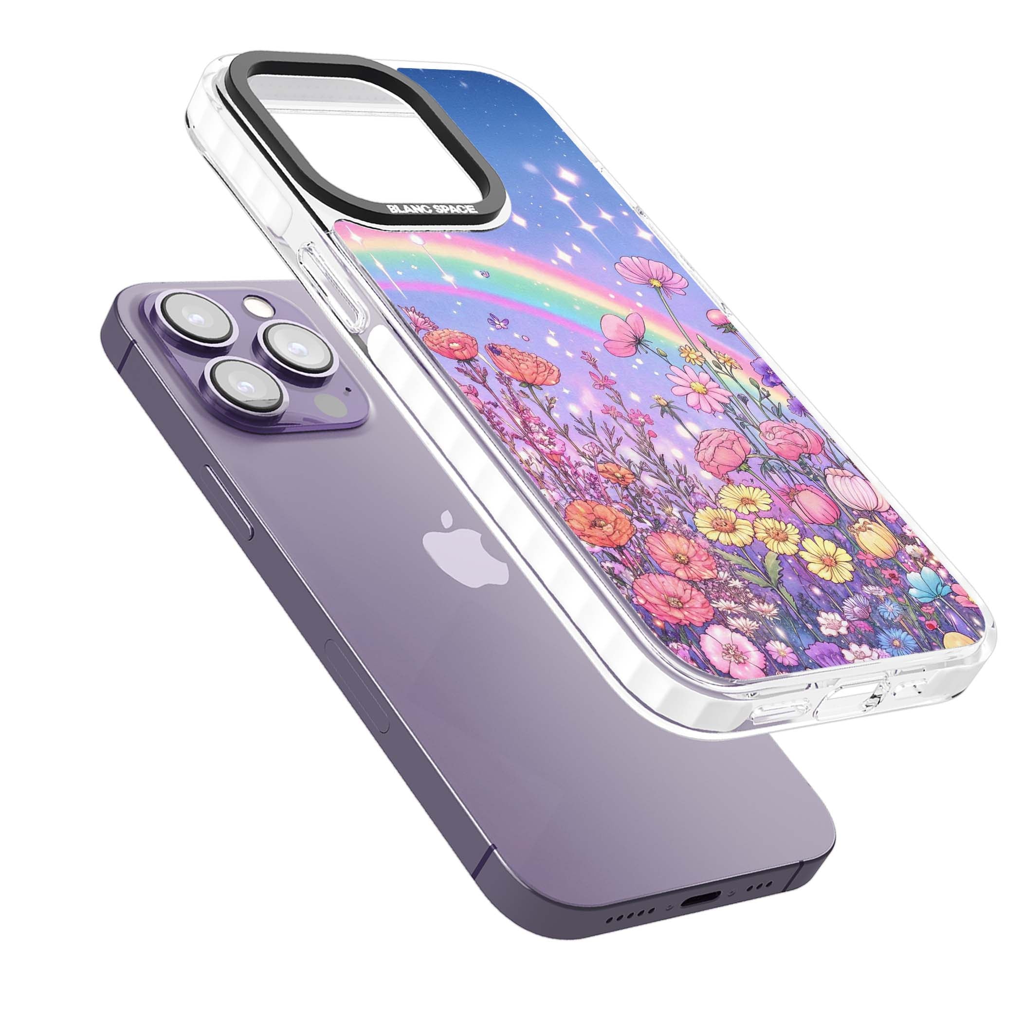 Magical Meadow fairycore iPhone case featuring a pastel rainbow, sparkling stars and a wildflower meadow | Clear Impact case for iPhone 13 Pro, iPhone 14 Pro, iPhone 15 Pro