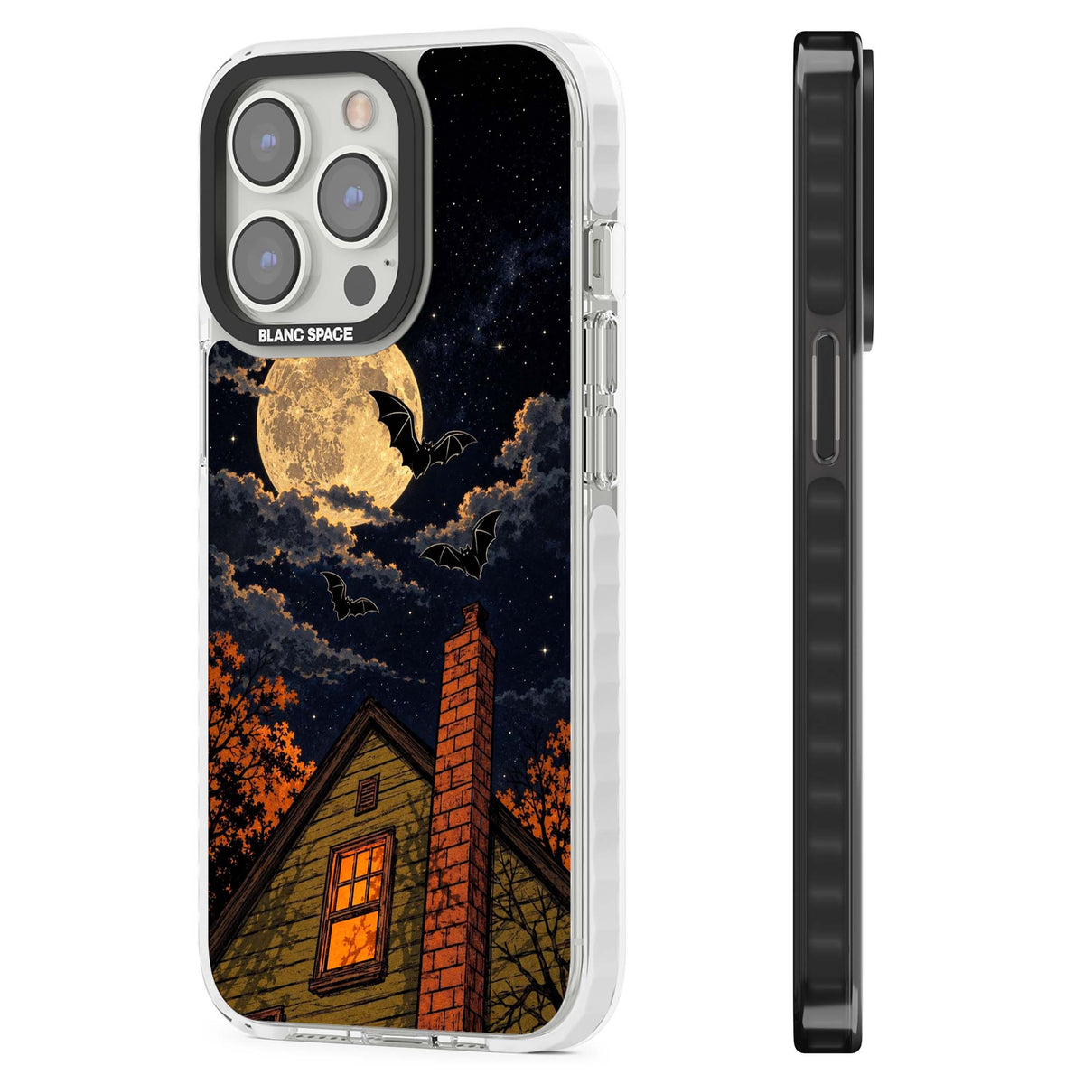 Hollows Eve Halloween iPhone case featuring a haunted house, full moon and flying bats against a starry autumn sky | Clear Impact case for iPhone 13 Pro, iPhone 14 Pro, iPhone 15 Pro
