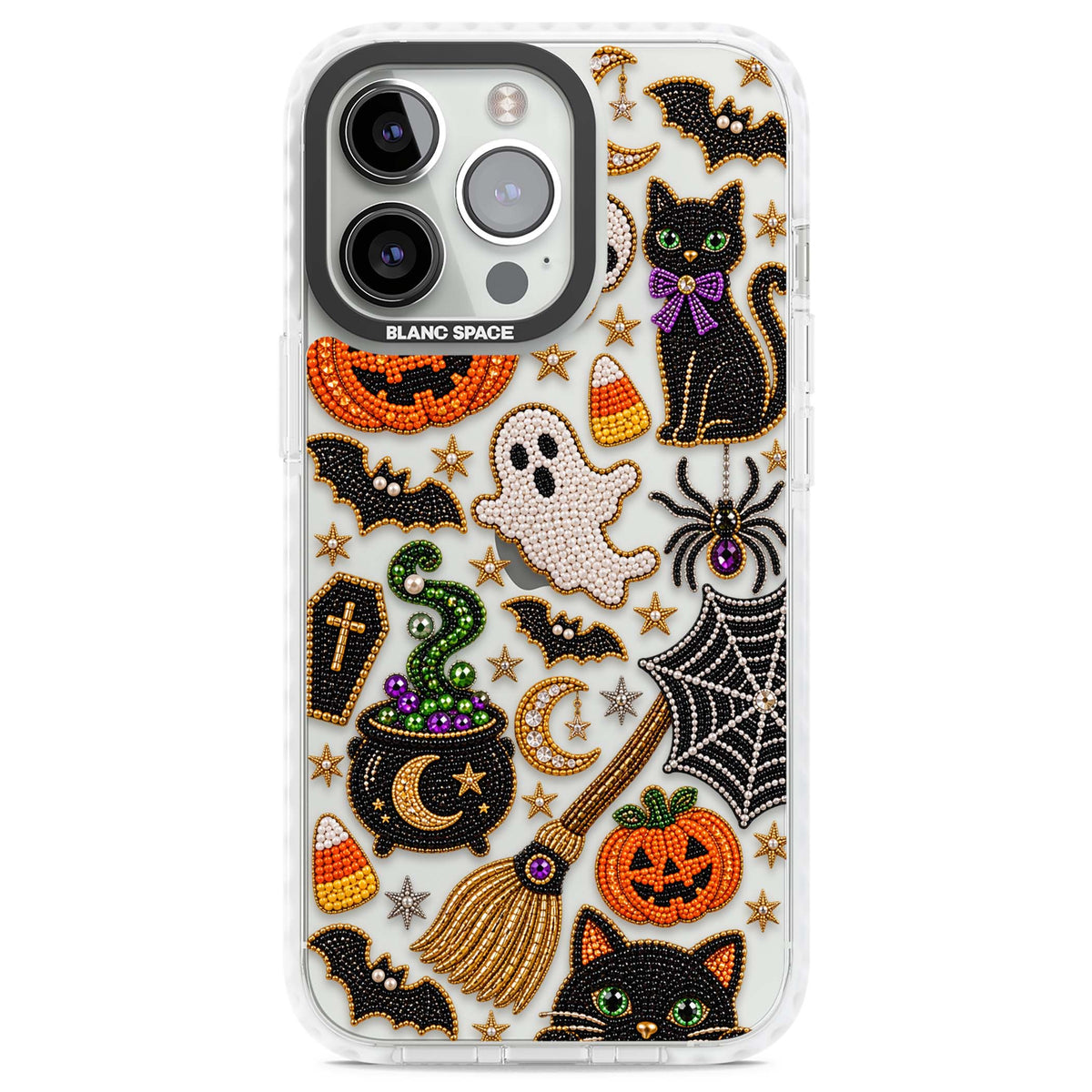 Beaded Halloween Halloween iPhone case featuring beaded pumpkins, ghosts, black cats and bats | Clear Impact case for iPhone 13 Pro, iPhone 14 Pro, iPhone 15 Pro
