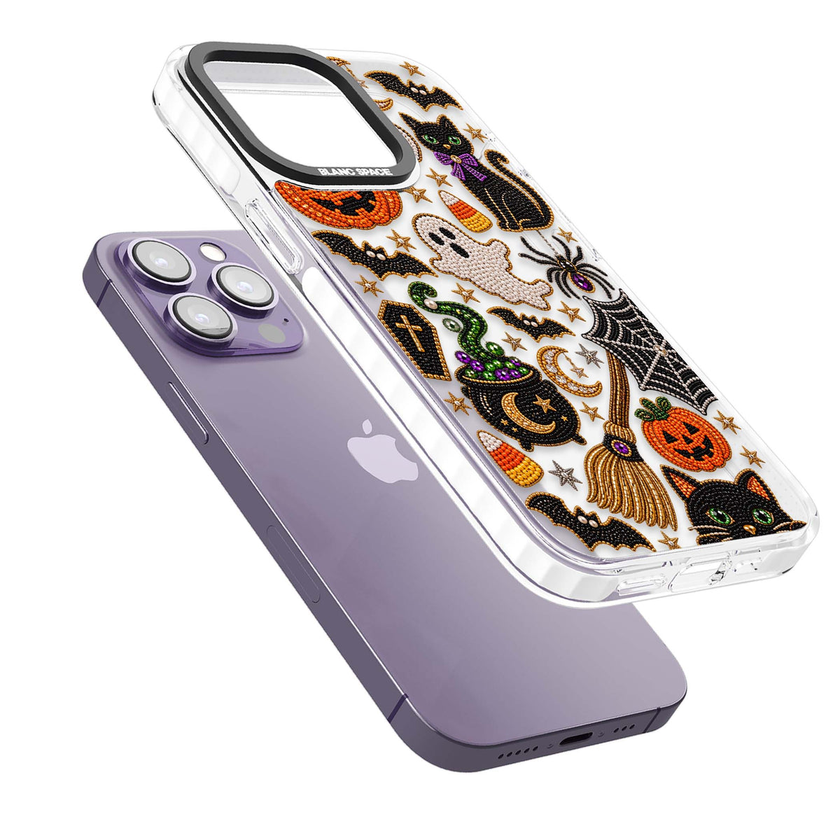Beaded Halloween Halloween iPhone case featuring beaded pumpkins, ghosts, black cats and bats | Clear Impact case for iPhone 13 Pro, iPhone 14 Pro, iPhone 15 Pro