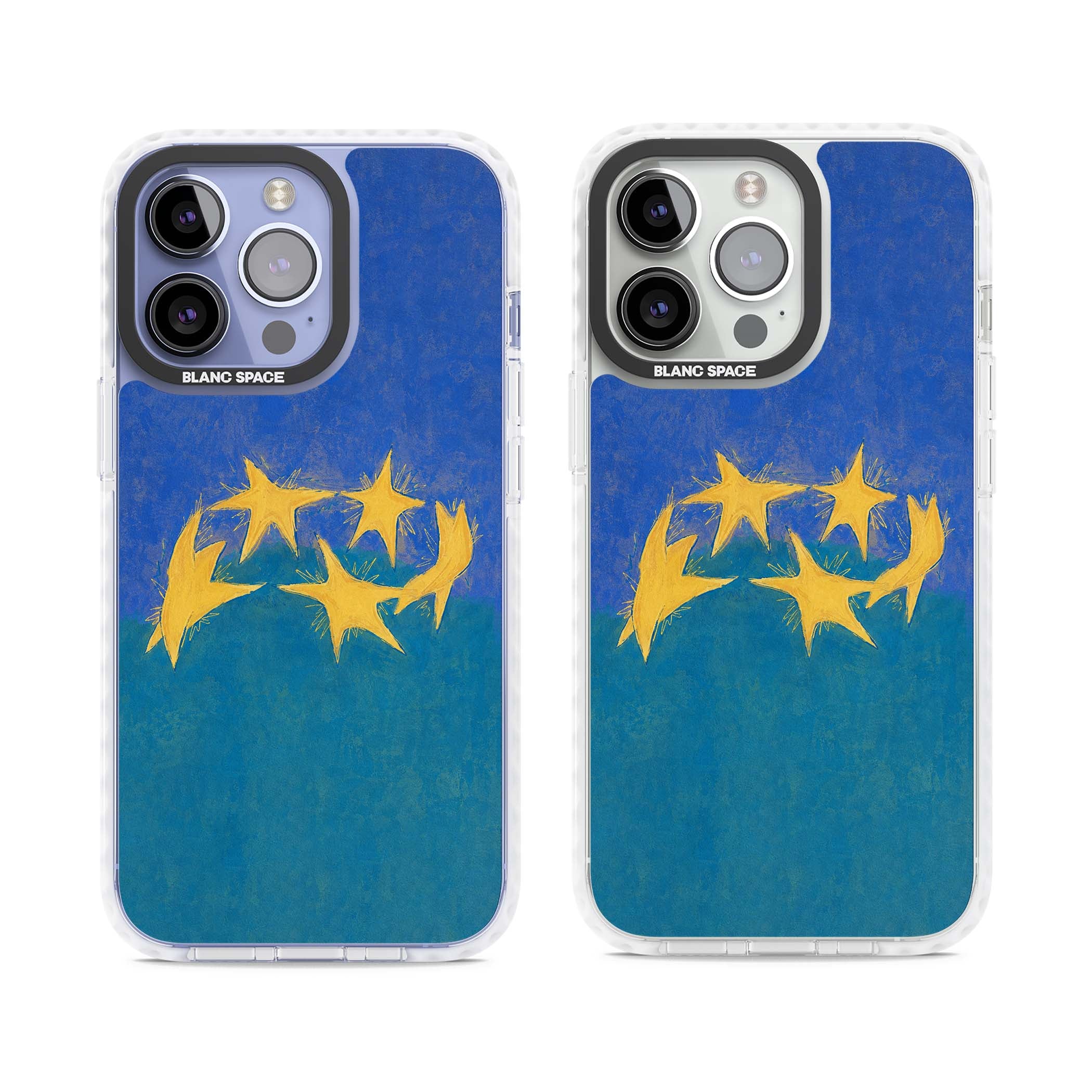 Star Boogie stars aesthetic iPhone case featuring five yellow hand-painted stars on cobalt blue and teal | Clear Impact case for iPhone 13 Pro, iPhone 14 Pro, iPhone 15 Pro
