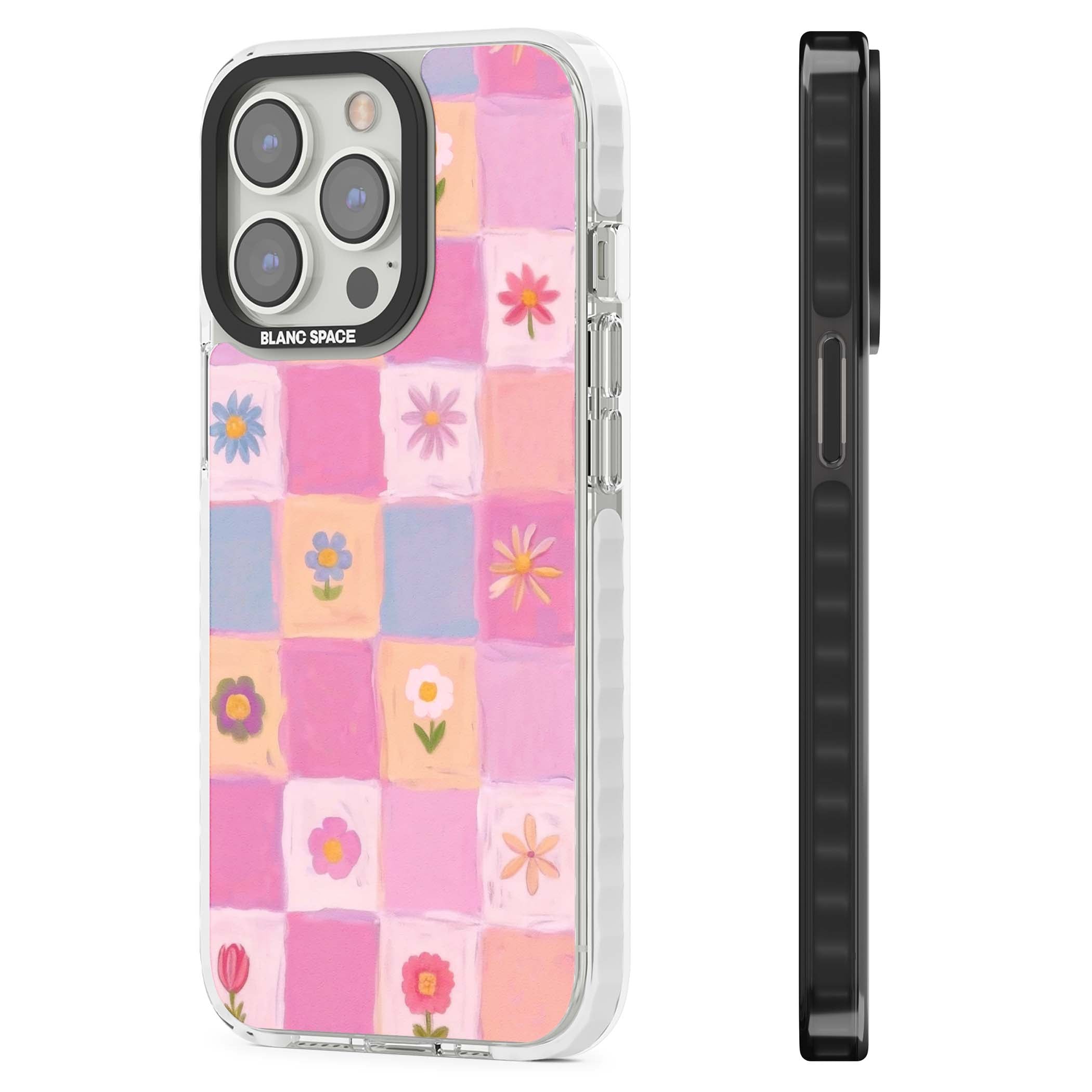 Pastel Flower Patchwork cottagecore iPhone case featuring painted pink and lilac squares with daisies and wildflowers | Clear Impact case for iPhone 13 Pro, iPhone 14 Pro, iPhone 15 Pro
