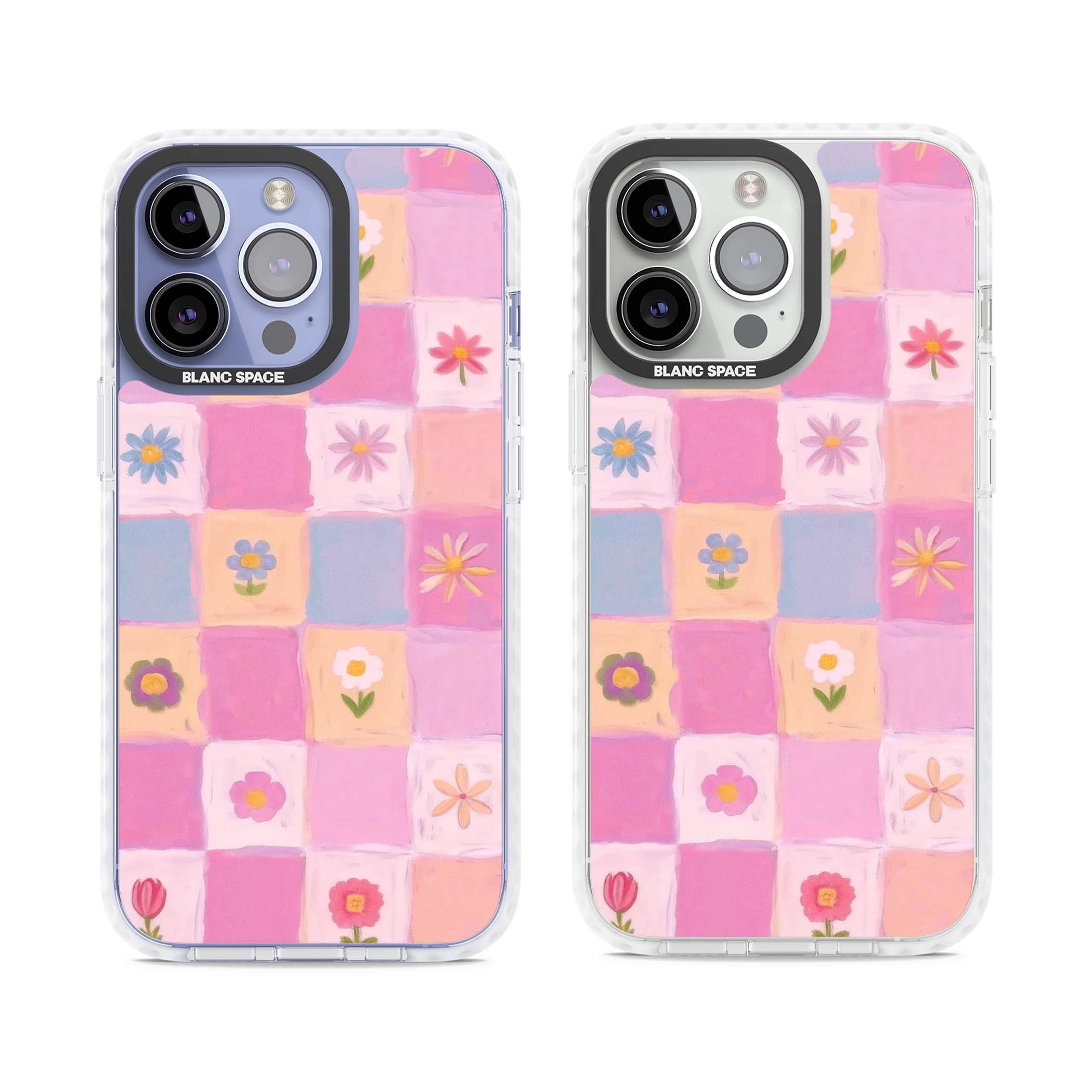 Pastel Flower Patchwork cottagecore iPhone case featuring painted pink and lilac squares with daisies and wildflowers | Clear Impact case for iPhone 13 Pro, iPhone 14 Pro, iPhone 15 Pro