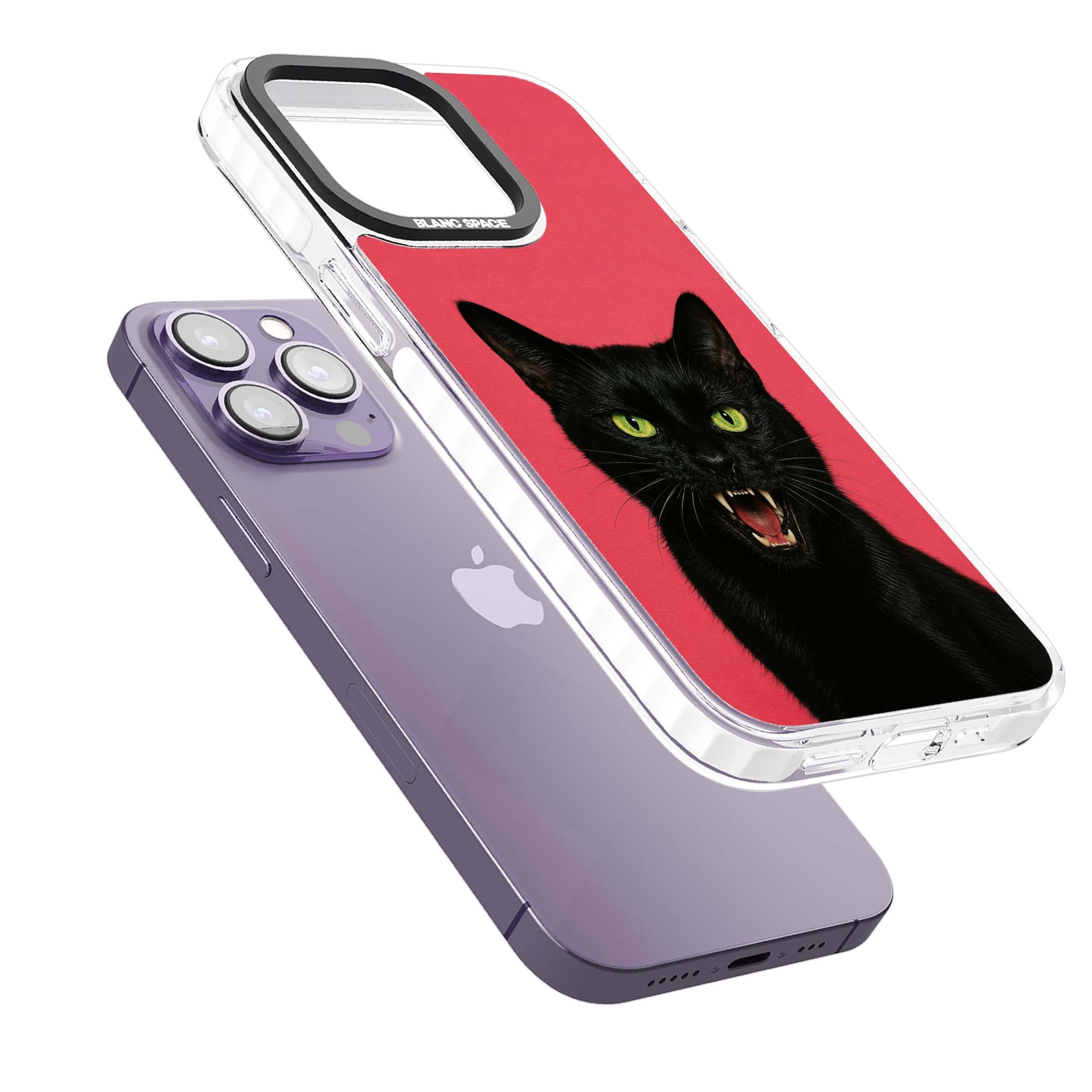 Hissin' Baddie black cat iPhone case featuring a hissing feline with green eyes on a hot pink background | Clear Impact case for iPhone 13 Pro, iPhone 14 Pro, iPhone 15 Pro