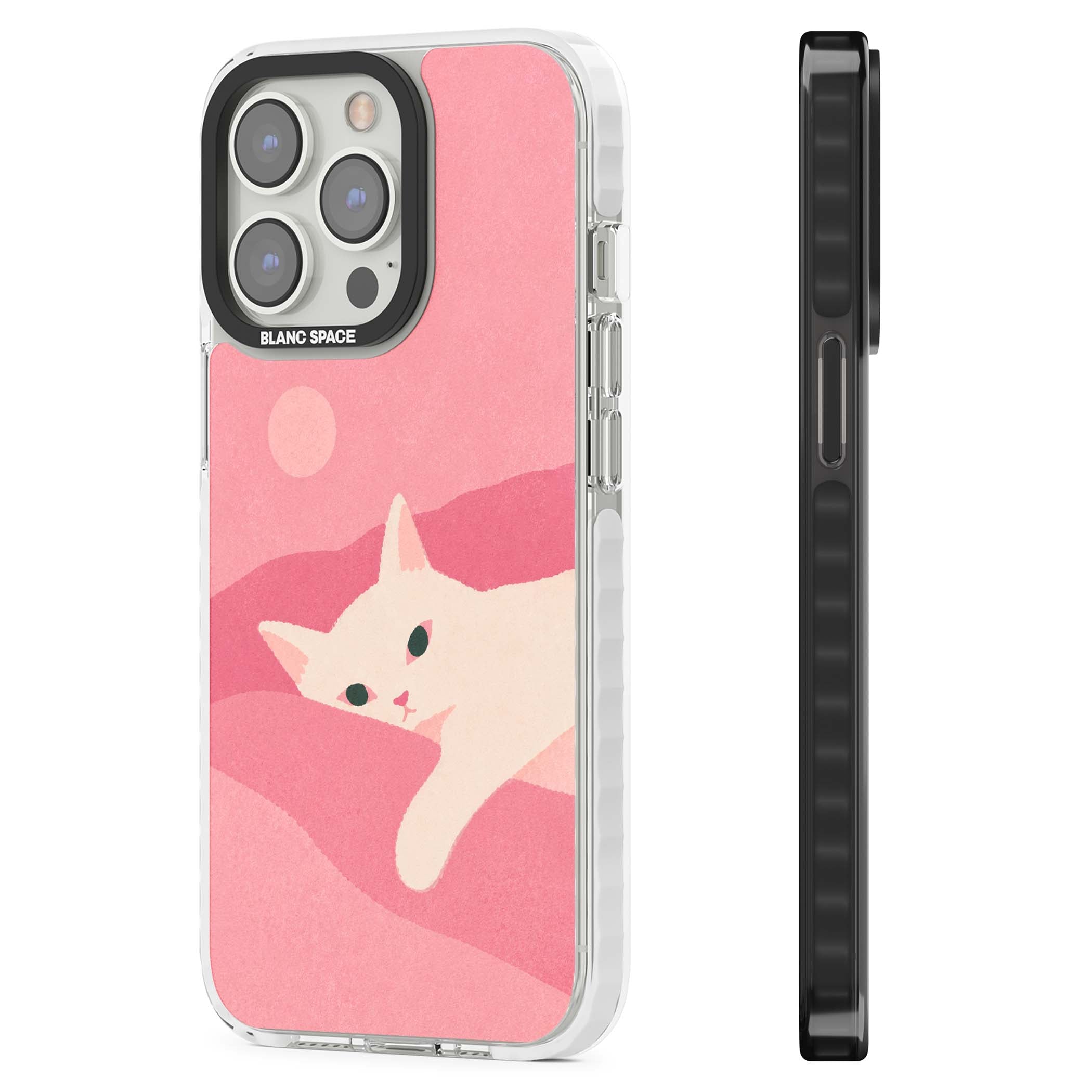 Pink Dreams cute cat iPhone case featuring a white kitten, soft pink hills and a pale pastel sun | Clear Impact case for iPhone 13 Pro, iPhone 14 Pro, iPhone 15 Pro