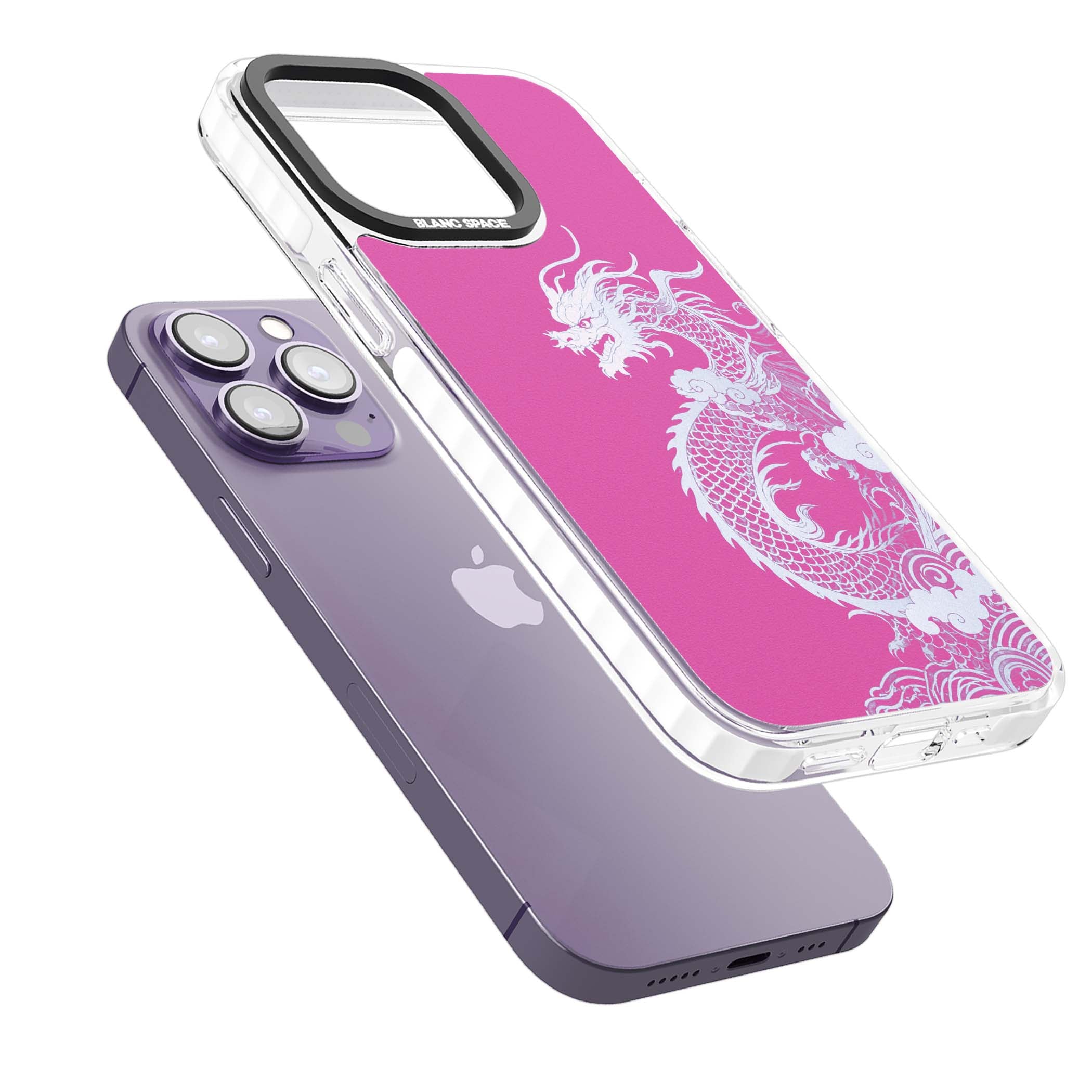 Pink Empress chinese dragon iPhone case featuring a white dragon, swirling clouds and pink dragon wallpaper backdrop | Clear Impact case for iPhone 13 Pro, iPhone 14 Pro, iPhone 15 Pro